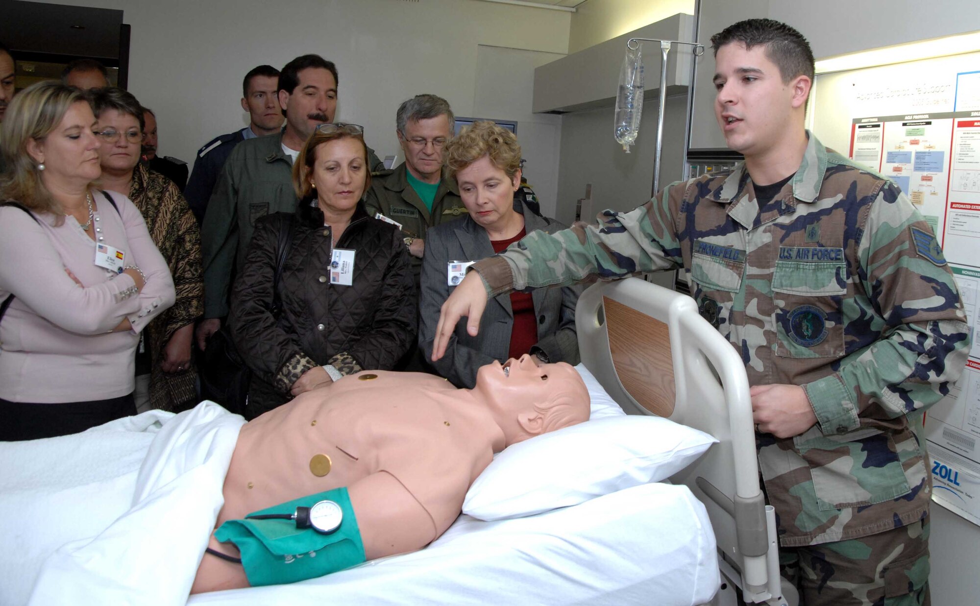 Staff Sgt. Ivan Fronefield, 60th Medical Operations Squadron Sim Center technician, briefs visitors at the David Grant USAF Medical Center, about why “Stan” is a vital training tool for medical staff Nov. 5. The briefing was part of Air Mobility Command vice commander, Lt. Gen. Christopher Kelly’s visit to Travis. (U.S Air Force photo/ David Cushman)