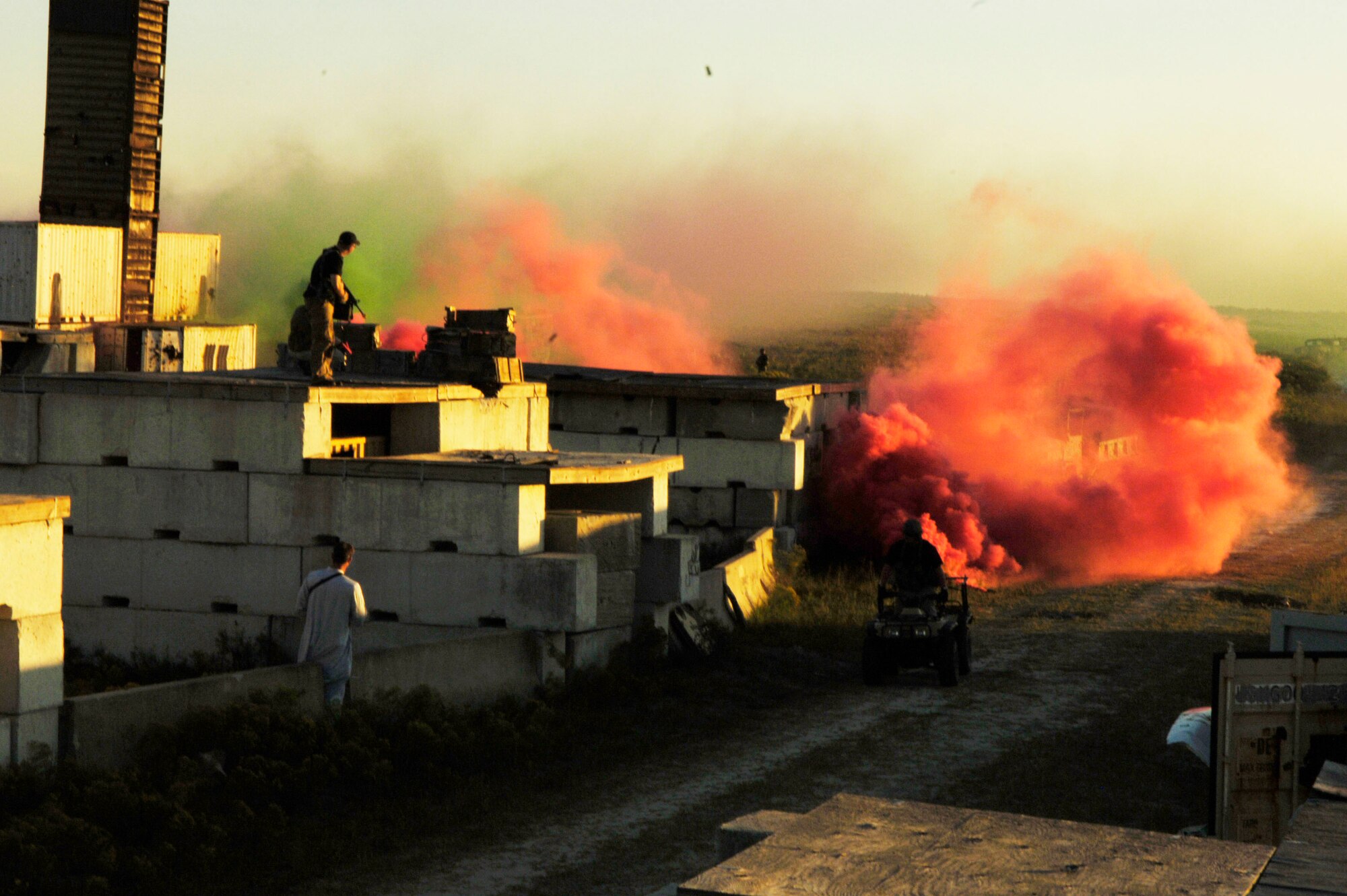 A simulated enemy village is engulfed in smoke, signaling a successful airstrike by A-10 Thunderbolt II close air support aircraft during Atlantic Strike VI at the Avon Park Air Ground Training Complex in Avon Park, Fla.  Joint Terminal Attack Controllers embedded in Army units direct aircraft to target precise locations during scenarios designed to simulate intense combat engagements.  Atlantic Strike training is focused on preparing Joint Terminal Attack Controllers and Army Joint Fires Observers for urban close air support operations prior to deployment to Iraq and Afghanistan.  Atlantic Strike battles continue through 9 Nov. (U.S. Air Force Photo By Airman 1st Class Stephenie Wade)