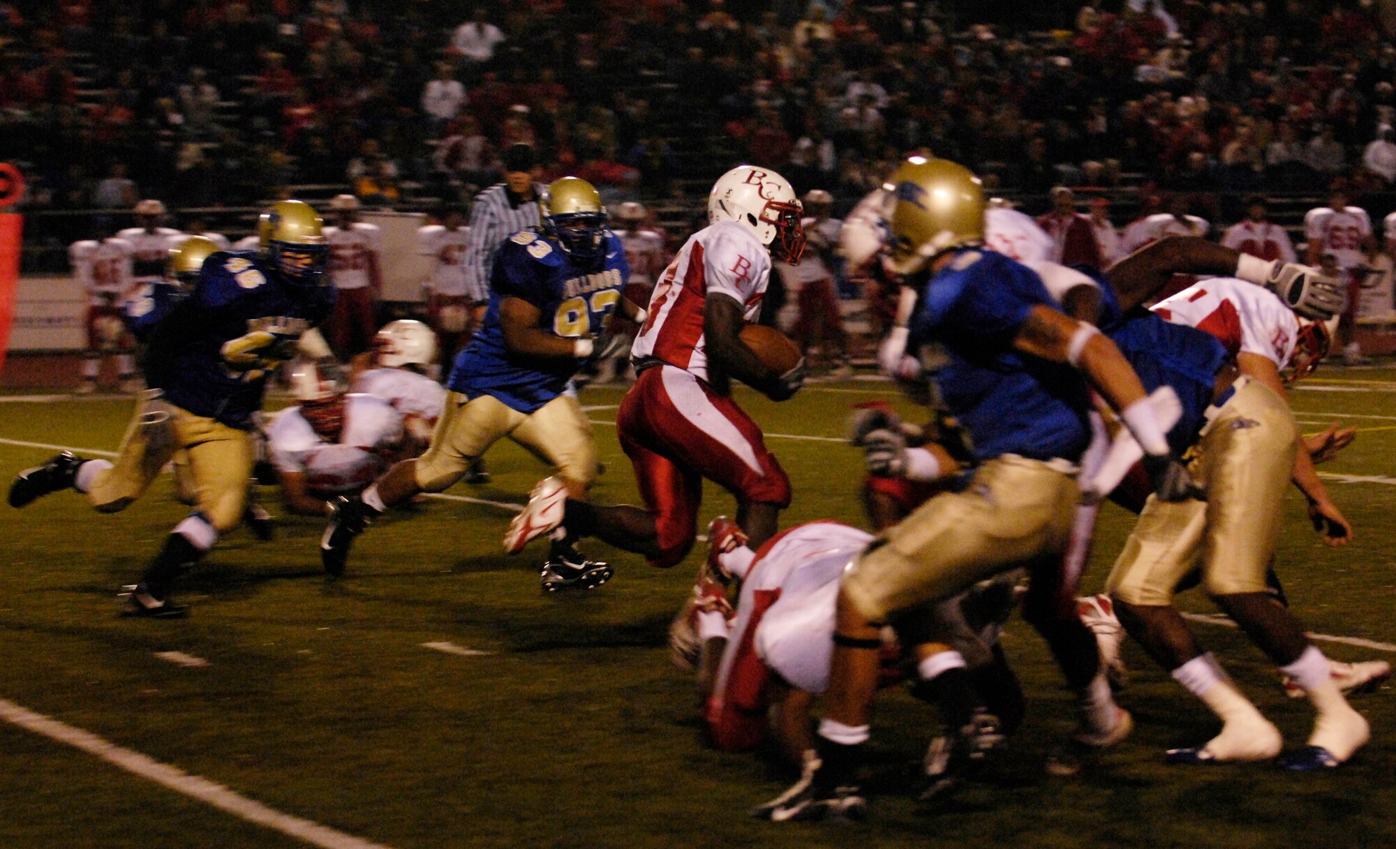 SANTA MARIA, Calif. -- The Allan Hancock Bulldogs compete against the Bakersfield Renegades at the 5th annual military appreciation night on Nov. 3. The Bulldogs lost 23-36. Military appreciation night was held for all military members who have made sacrifices to protect their country. The first 250 military members, veterans and their families were admitted at no charge and served a free tri-tip dinner. The Santa Maria Valley Chamber of Commerce, Coast Hills Federal Credit Union, and Allan Hancock College sponsored the special event. (U.S. Air Force photo/Airman 1st Class Christian Thomas)