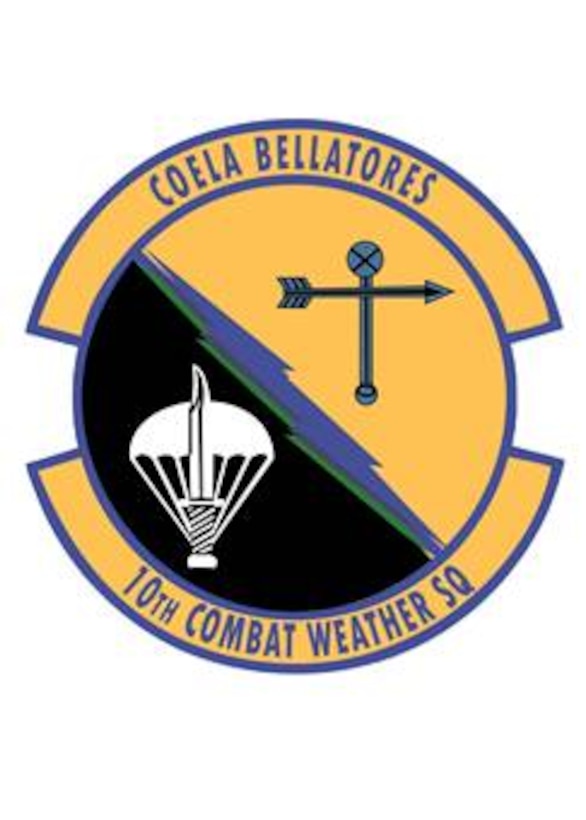 10th Combat Weather Squadron. The alternating Air Force yellow and black background of the disk represent the role of combat weather forces in combat operations, day or night. The yellow lettering signifies the excellence required by Air Force personnel. The ultramarine/reflex blue border represents our faith in, and allegiance to the Air Force. The white parachute represents the requirement for all individuals of the 10th Combat Weather Squadron to be jump qualified, and the superimposed white dagger links us to our chain of command, the 720thSpecial Tactics Group. The ultramarine/reflex blue and black wind vane links us to our predecessor, the 10th Weather Squadron. The three lightning bolts represent rapid response of special operations weather forces during contingencies and are: blue representing Air Force, green representing Army, and purple representing joint operations.