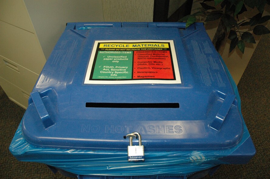 The Air Force Security Assistance Center filled more than a dozen lockable recycling containers during its recent clean-up day.  The containers keep sensitive unclassified material under control until its destruction at the Base Recycling Center. (Air Force photo)
