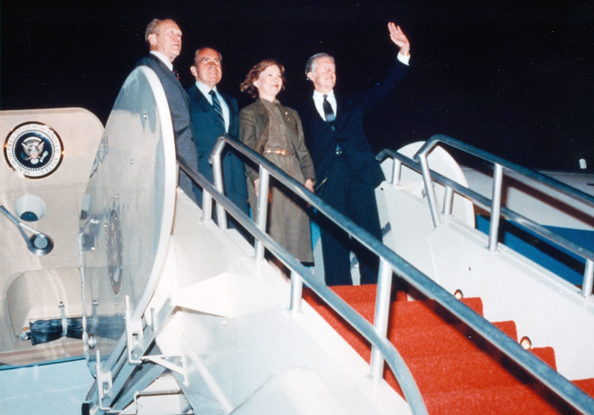 Former Presidents Gerald Ford, Richard Nixon and Jimmy Carter on the steps of Boeing VC-137C SAM 26000 (Air Force One). (U.S. Air Force photo)