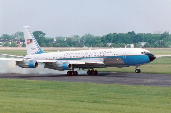 DAYTON, Ohio -- Boeing VC-137C SAM 26000 (Air Force One) during its final flight on May 20, 1998, at the National Museum of the United States Air Force. (U.S. Air Force photo)