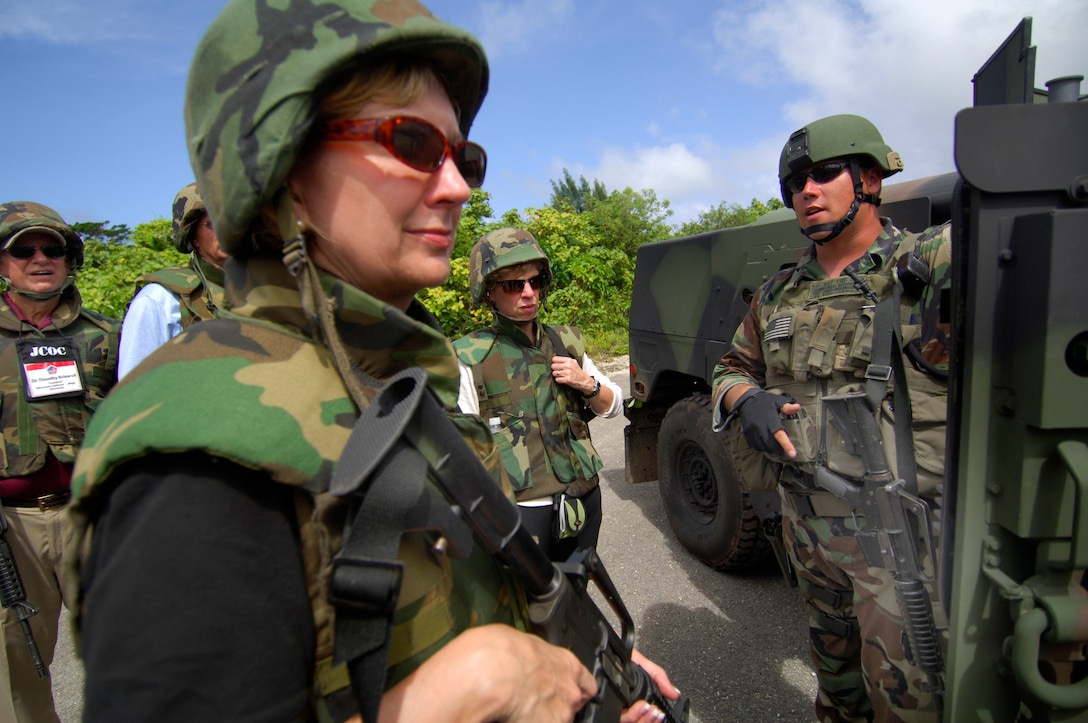 Linda Dzialo, deputy superintendent of Lawton Public Schools in Lawton, Okla., takes part in a convoy operations scenario during the 74th Joint Civilian Orientation Conference held on Andersen Air Force Base, Guam, Nov. 6, 2007.