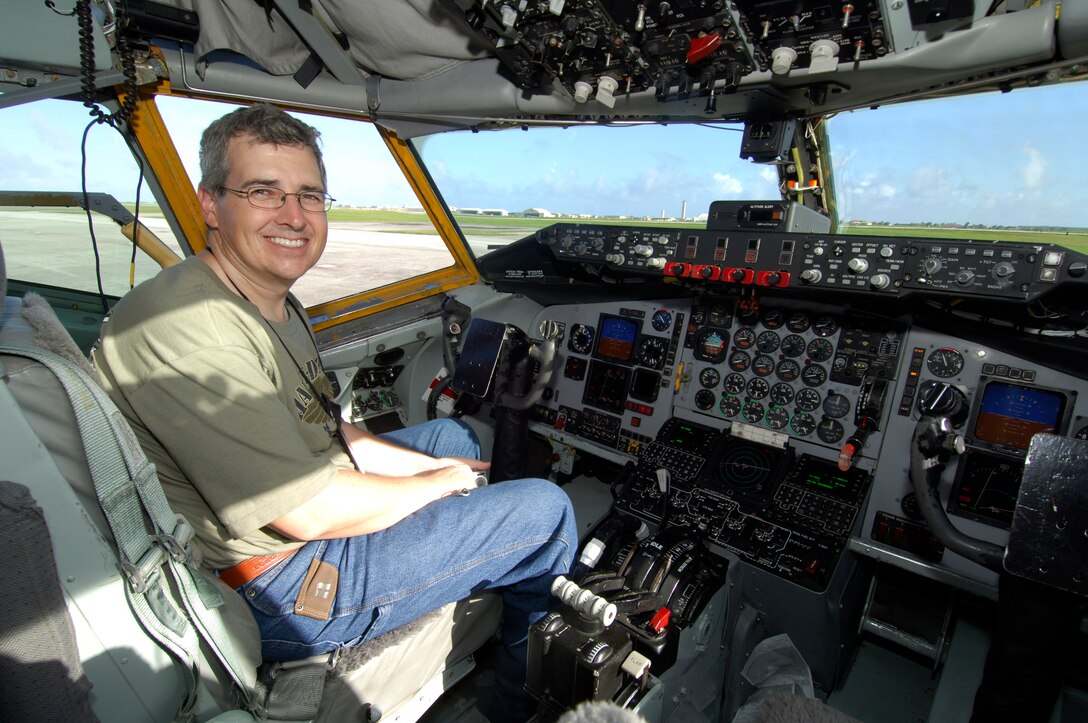 Stephen Paul Thompson, chairman and president of National Little Britches Rodeo Association, Collierville, Tenn., sits on the flight deck of a KC-135 Stratotanker from Rickenbacker ANG, Colombus , Ohio, while parked on Andersen Air Force Base, Guam, during as part of the 74th Joint Civilian Orientation Conference Nov. 6, 2007. 