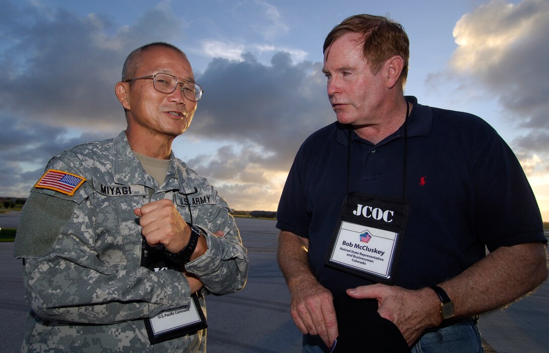 U.S. Army Maj. Gen. Vern Miyagi, mobilization assistant to the commander, United States Pacific Command, talks with Bob McCluskey, former state representative from Fort Collins, Colo., on Andersen Air Force Base, Guam, during the 74th Joint Civilian Orientation Conference, Nov. 6, 2007. 