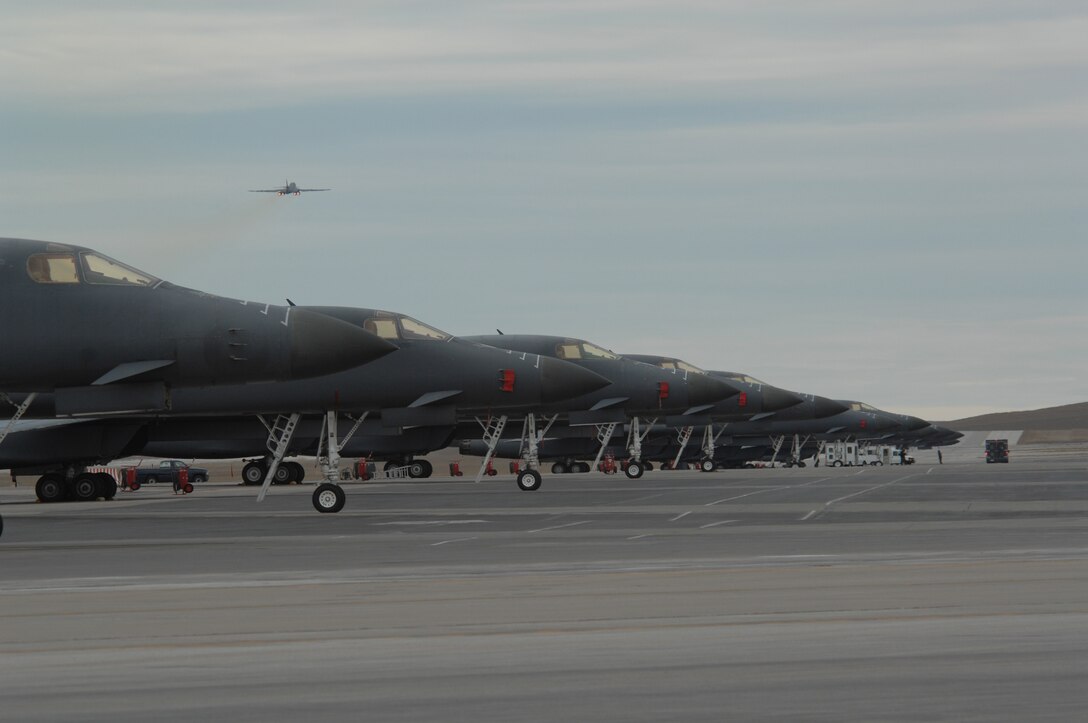 Twenty B-1 Bombers from Dyess Air Force Base, Texas, lined up on the Ellsworth AFB flight line Nov. 7 in preparation for their departure back to Texas. The aircraft were temporarily relocated to Ellsworth in September, while the 6,600 feet of the Dyess flightline was under construction. Ellsworth was chosen out of more than 10 sites as it was the most cost effective. (U.S. Air Force photo by Airman First Class Anthony Sanchelli)