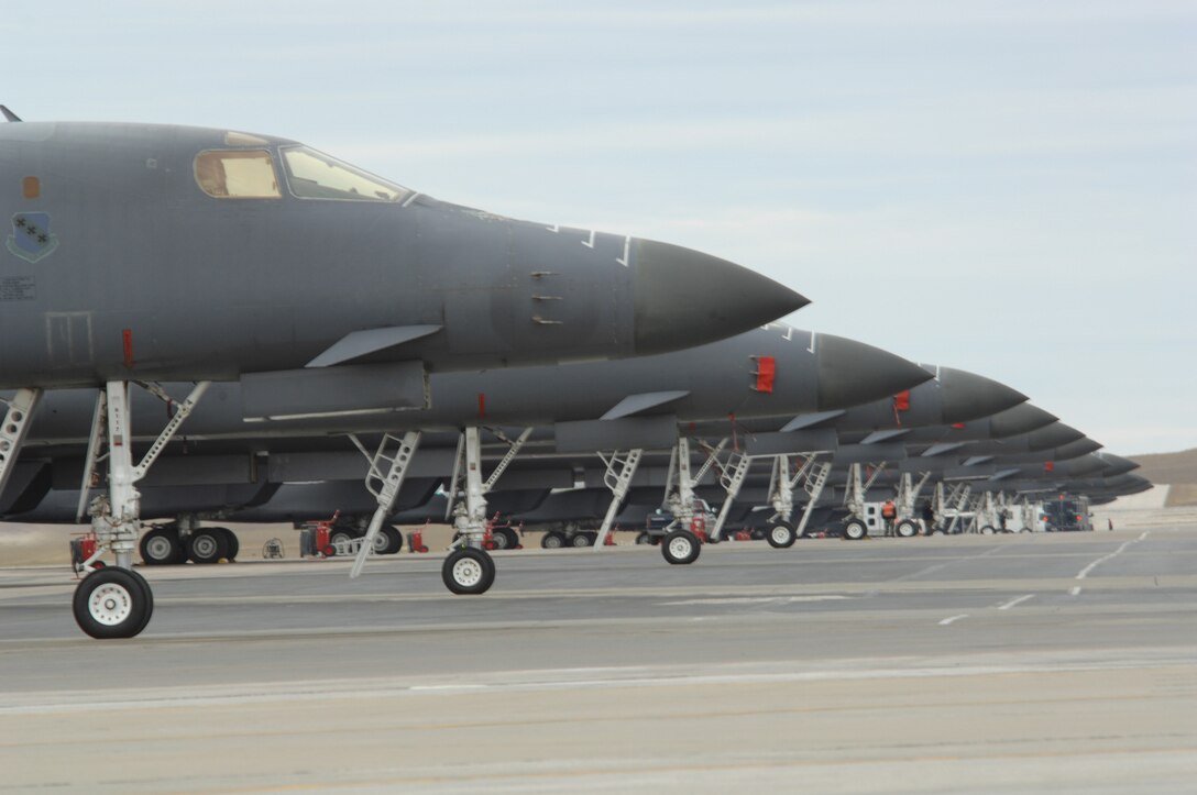 Twenty B-1 Bombers from Dyess Air Force Base, T.X., 07 November 2007, line up on the flight line of Ellsworth Air Force Base S.D. in preparation of departure back to Dyess.  Dyess Jets first arrived at Ellsworth 17 September 2007, while their flight line was under construction. (U.S. Air Force photo by Airman First Class Anthony Sanchelli)