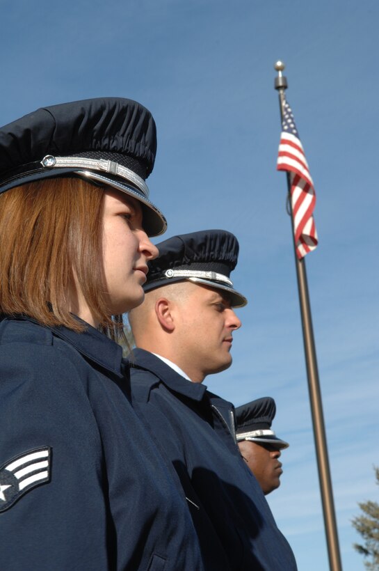 Senior Airman Kimberly Moore Limrick, Staff Sergeant Lawrence Ploski, and Airman First Class Evon Drysdale, practice at the Black Hills National Cemetery before exicuting the first seven-person retiree funeral to be performed by the 28th Bomb Wing Honor Guard. 
(U.S. Air Force photo/Airman First Class Anthony Sanchelli)