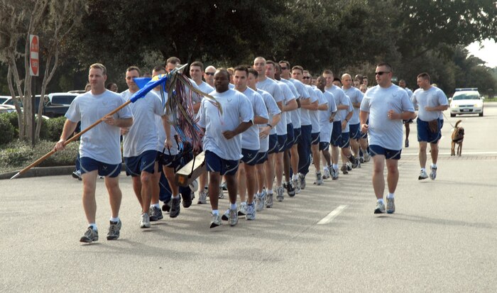 Members of the 437th Security Forces Squadron participate in the Wingman Day Fun Run on base Nov. 2. (U.S. Air Force photo/Staff Sgt. Jennifer Arredondo)