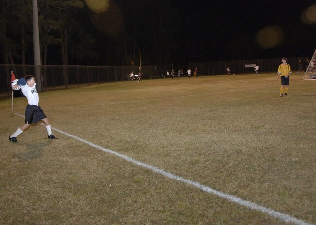 James French, 11,  a player for the Naval Weapons Station kids soccer team, prepares to throw the ball back on the field on Charleston AFB Monday. (U.S. Air Force photo/Airman 1st Class Katie Gieratz)