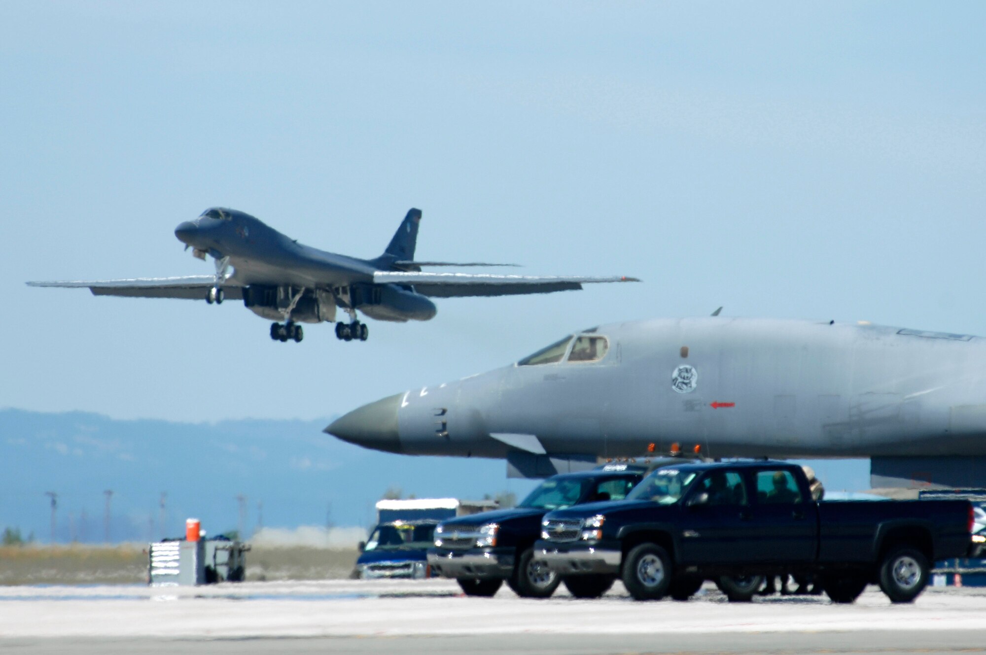 A B-1B Lancer from the 37th Bomb Squadron takes off during Badlands Express 07-06, an Operational Readiness Exercise (ORE), at Ellsworth Air Force Base, S.D., Sept. 11, 2007.  Ellsworth is conducting this ORE in preparation for an upcoming Operational Readiness Inspection in November.  (U.S. Air Force photo by SSgt Michael B. Keller)(Released)