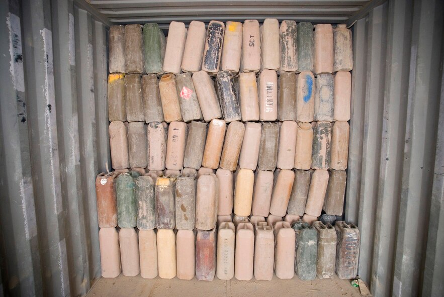Water containers recovered by Material Recovery Team III with the 732nd Expeditionary Logistics Readiness Squadron are stacked inside a container express Oct. 19 at Camp Corregidor, Iraq. Serviceable assets recovered from the container express are inventoried and redistributed to Army units throughout Iraq. Airmen of various career fields volunteer to augment the Army in nontraditional "in-lieu-of" taskings for up to a year. (U.S. Air Force photo/Master Sgt. John Nimmo Sr.) 