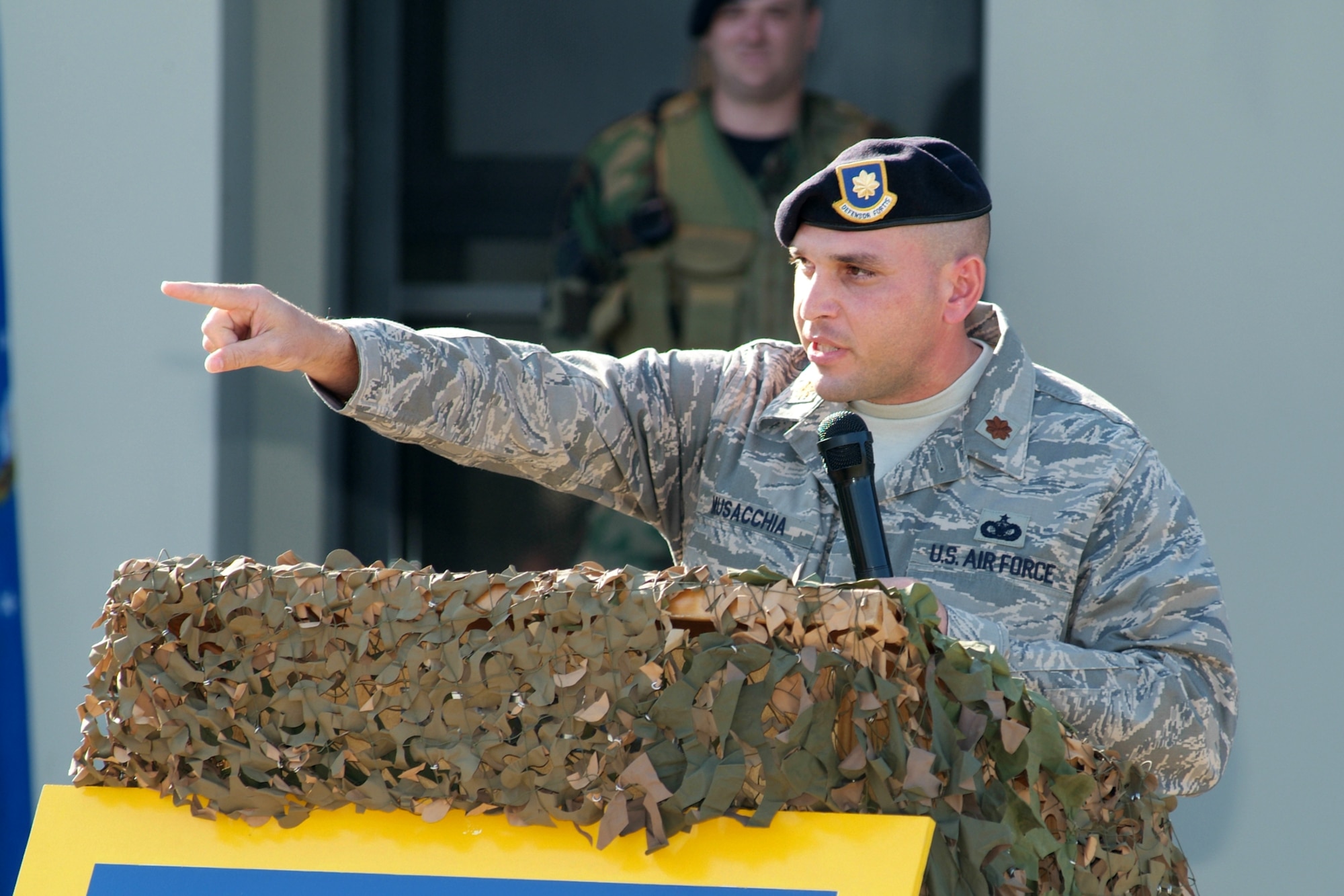 Major Joseph Musacchia, 81st Security Forces commander makes remarks during the squadron's building ribbon cutting on Monday, 5 November, 2007.  The building was heavily damaged during Hurrican Katrina in August, 2005.  (U.S. Air Force photo by Adam Bond)