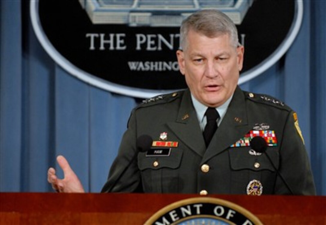 Joint Staff Director for Operations Lt. Gen. Carter F. Ham, U.S. Army, answers a reporter's question during an operational update press briefing in the Pentagon on Nov. 7, 2007.  