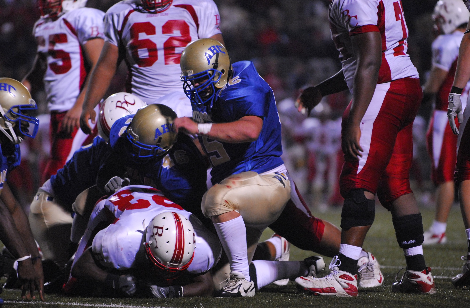 SANTA MARIA, Calif. -- Allan Hancock Bulldogs tackle Bakersfield Renegade Bruce Frieson during the 5th annual military appreciation night on Nov. 3. The Bulldogs lost 23-36. The first 250 military members, veterans and their families were admitted at no charge and served a free tri-tip dinner. The Santa Maria Valley Chamber of Commerce, Coast Hills Federal Credit Union, and Allan Hancock College sponsored the special event.  (U.S. Photo/Airman First Class Ashley Tyler)