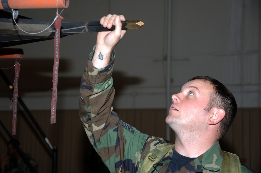 Staff Sgt. Sean Moore, 49th Aircraft Maintenance Squadron, inspects a probe during an operational readiness exercise Nov. 8. The players in the ORE consisted of the 49th Operations Group and 49th Maintanance Group. (U.S. Air Force photo/Airman 1st Class Tiffany Trojca)