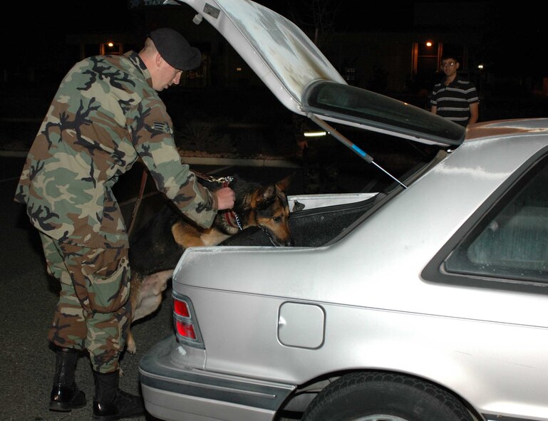 Members of the 60th Security Forces Squadron’s K-9 unit perform a Health and Welfare inspection on a vehicle entering the base. The inspection was part of Operation Nighthawk, a Team Travis’ leadership program used to provide a Health, Morale, and Welfare check with feedback to leadership on the status and activities of the members assigned to the installation, their family members and visitors to the installation. (U.S. Air Force photo/Capt. Vanessa Hillman)

