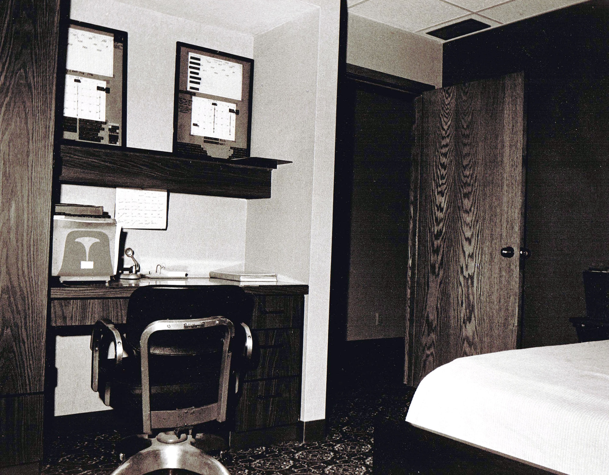 A bedroom inside a Minuteman II launch control facility in 1982. The facility was manned by 10 people with two individuals assigned as crew downstairs. The remaining eight included the facility manager who was usually the ranking enlisted person on site. (U.S. Air Force photo)

 
