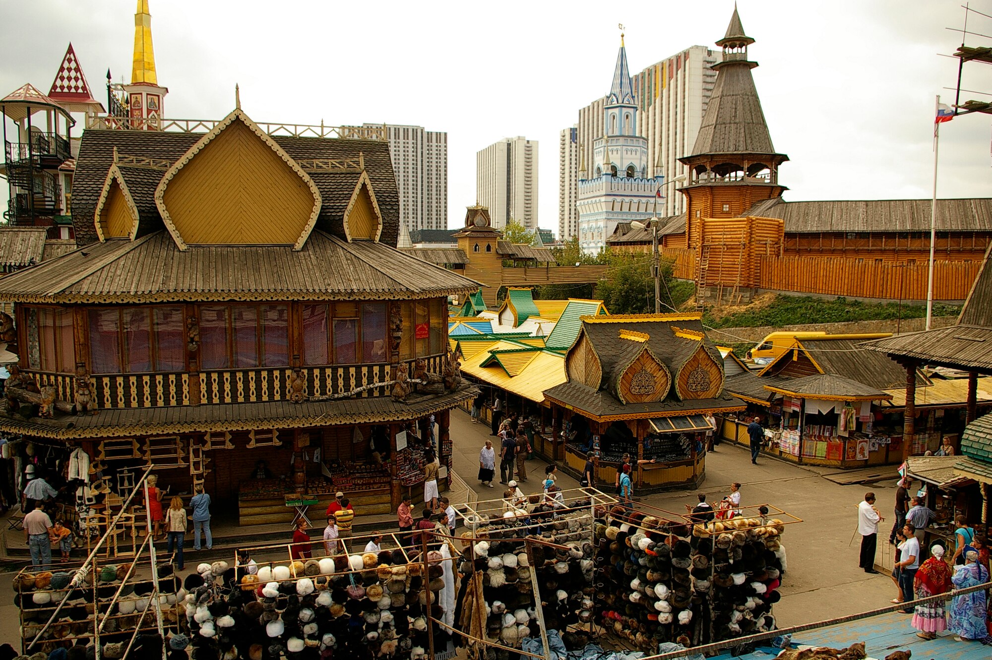 Looking down onto Izmaylovo Market, you can see one of the many stalls selling Russian hats (in both real and fake fur) and wooden items, including chess sets and Matryoshka dolls. The buildings around the market are mostly made of wood, and are very intricate and ornate. If visiting Moscow, take the time to visit Izmaylovo Market, as it is well worth your time. (U.S. Air Force photo by Karen Abeyasekere)