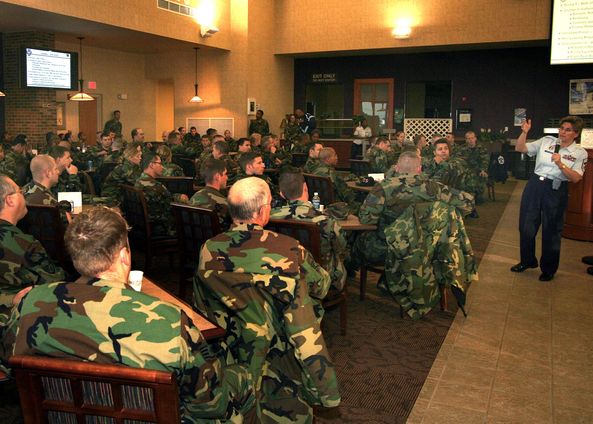 GRISSOM AIR RESERVE BASE, Ind., -- Chief Master Sgt. Peri Rogowski, 434th Air Refueling Wing command chief, far right, addresses the crowd at a Rising Six enlisted call. The Chief addressed the crowd and covered a variety of topics and programs affecting the Airmen. (U.S. Air Force photo/Tech. Sgt. Patrick Kuminecz)