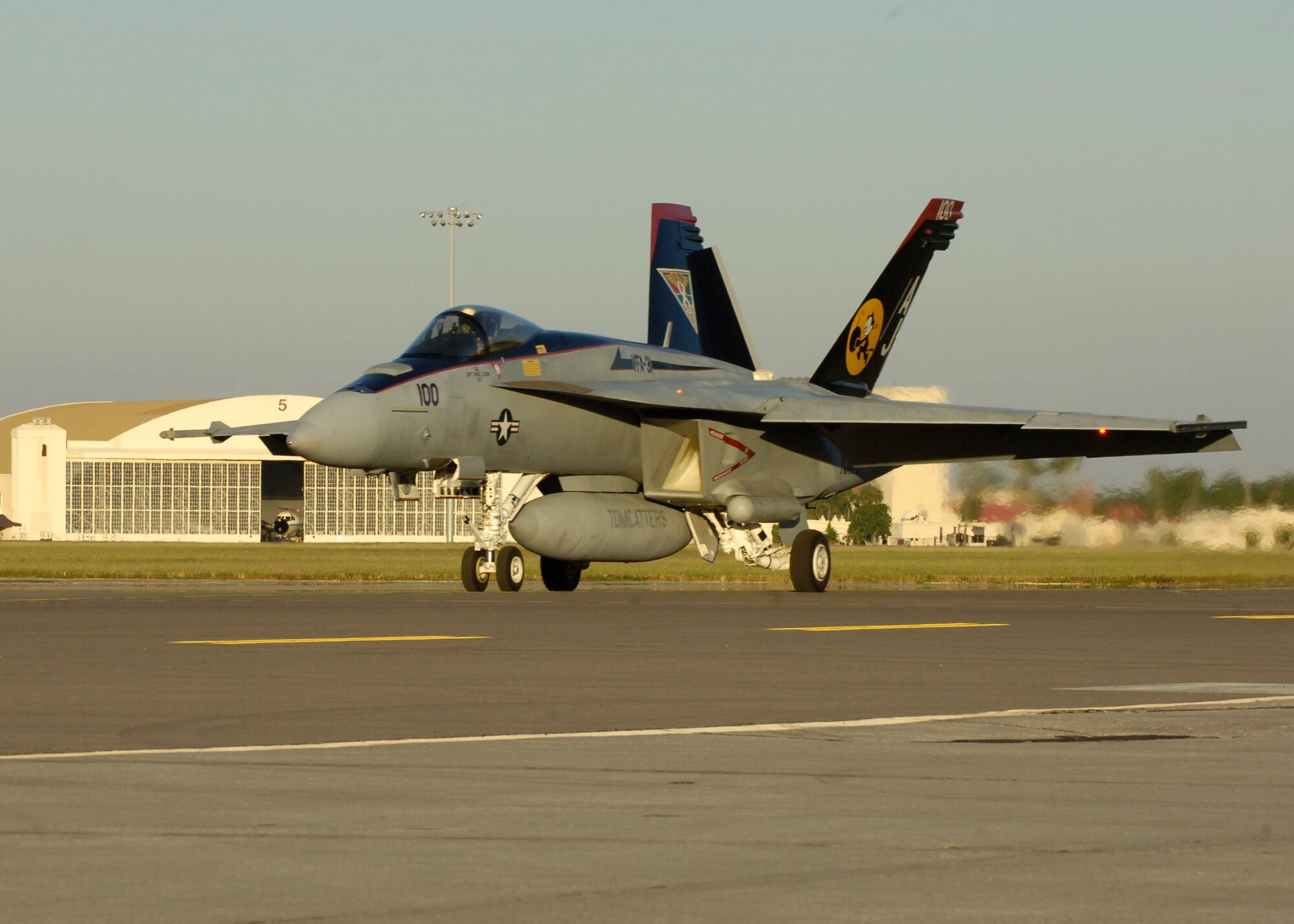 An F/A-18 Hornet taxies towards the runway at MacDill AFB Fla. in support of exercise Atlantic Strike VI; a U.S. Central Command Air Forces-sponsored exercise focusing on urban close air support operations. (U.S. Air Force Photo by Airman 1st Class Stephenie Wade)