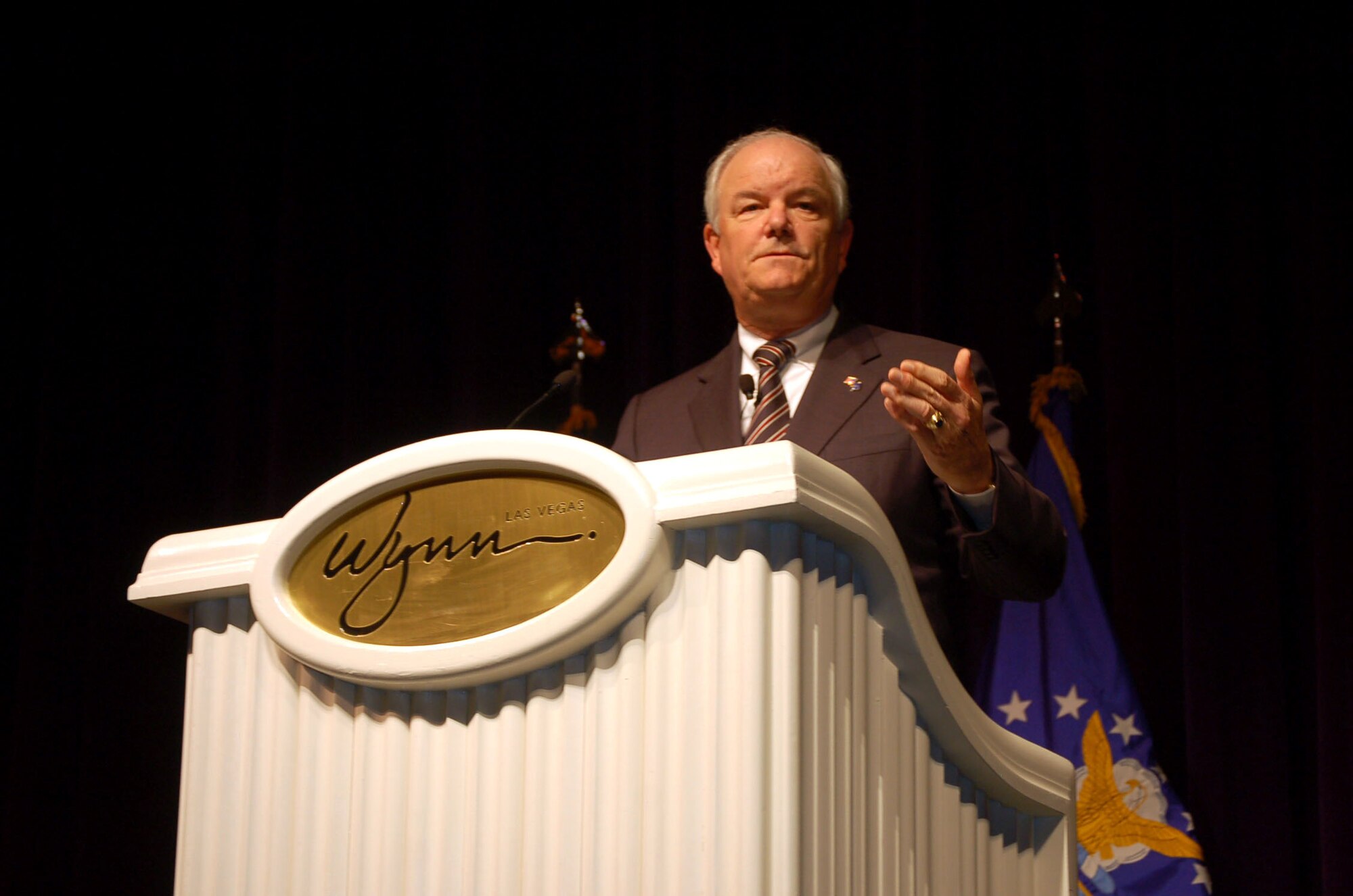 Secretary of the Air Force Michael W. Wynne delivers his keynote speech to a crowd of more than 300 people during the 2007 Air and Space Leaders symposium at the Wynn Hotel and resort Nov. 8 in Las Vegas. The crowd included military members from several different nations and civilian industry leaders. The symposium was held in conjunction with the Heritage to Horizons event, which is a celebration of the Air Force's 60th anniversary. (U.S. Air Force photo/Staff Sgt. Jeremy Larlee) 
