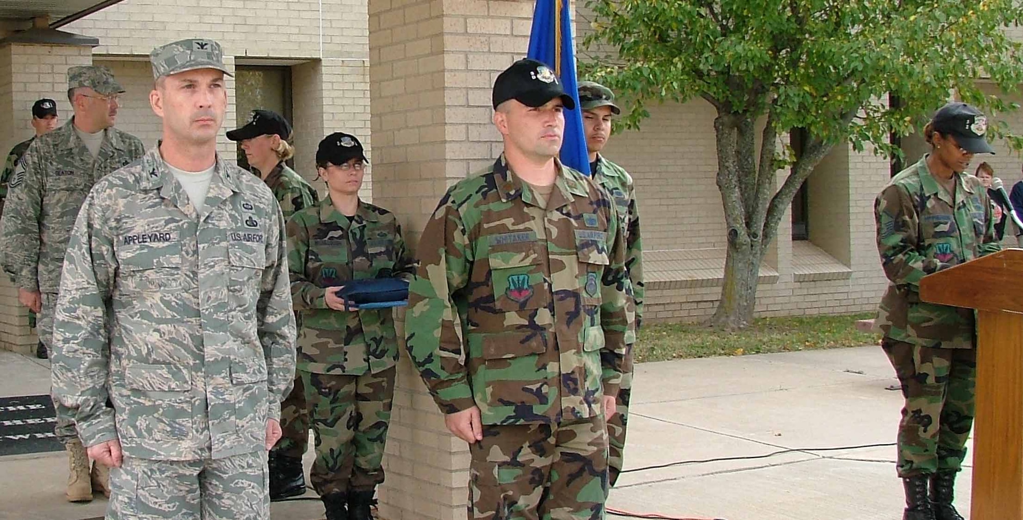 Maj. Greg Whitaker, 3rd Combat Communications Support Squadron, right, received a Bronze Star Medal Oct. 31. The major, who had no idea he was set to receive the award, recieved the honor for his outstanding leadership and technical expertise while he was deployed from May 21 to Sept. 18. Col. James Appleyard, 3rd Combat Communications Group comander, presented the medal to Major Whitaker. (Air Force photo)