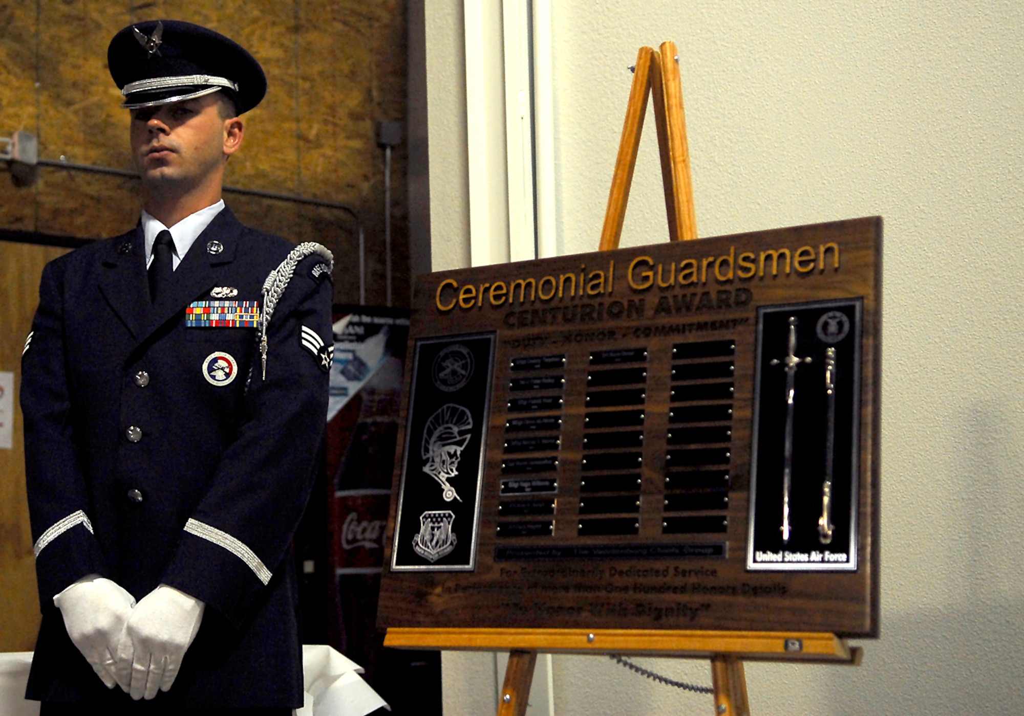 VANDENBERG AIR FORCE BASE, Calif. -- Senior Airman Shawn Hardee of the 30th Space Communication Squadron stands in as a proffer for the Centurion Award ceremony on Nov. 6. The Centurion Award is presented only to those who have accomplished at least 100 service details for the Vandenberg Honor Guard team. (U.S. Air Force photo / Airman First Class Ashley Reed)