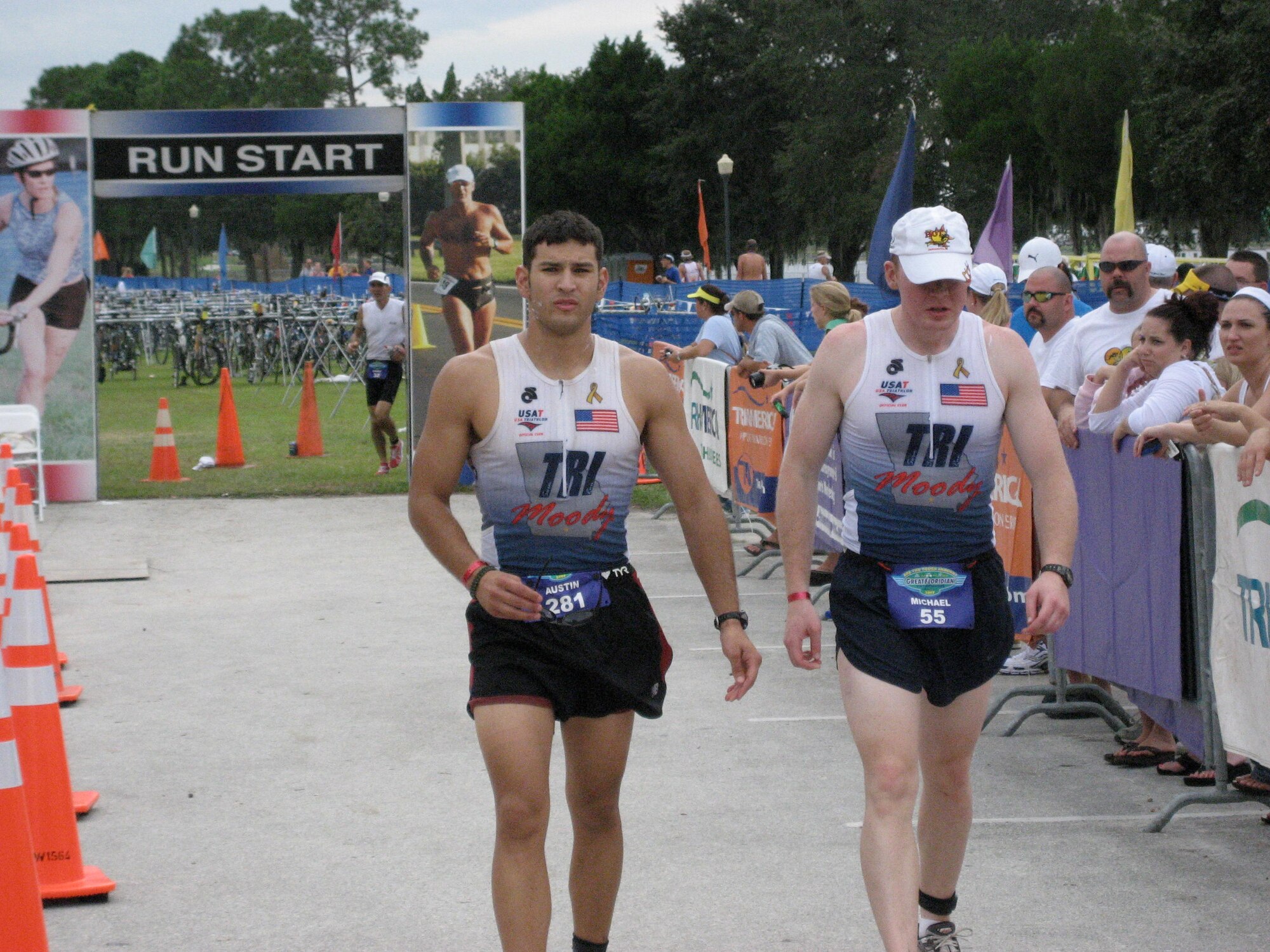 1st Lieutenant Austin Pruneda, Tri-Moody president and 1st Lieutenant Michael Carlson, Tri-Moody treasurer, compete in their first ironman competition.  An ironman competition includes a 2.5-mile swim, 112-mile bike-ride and a 26-mile run. (U.S. Air Force courtesy photo)