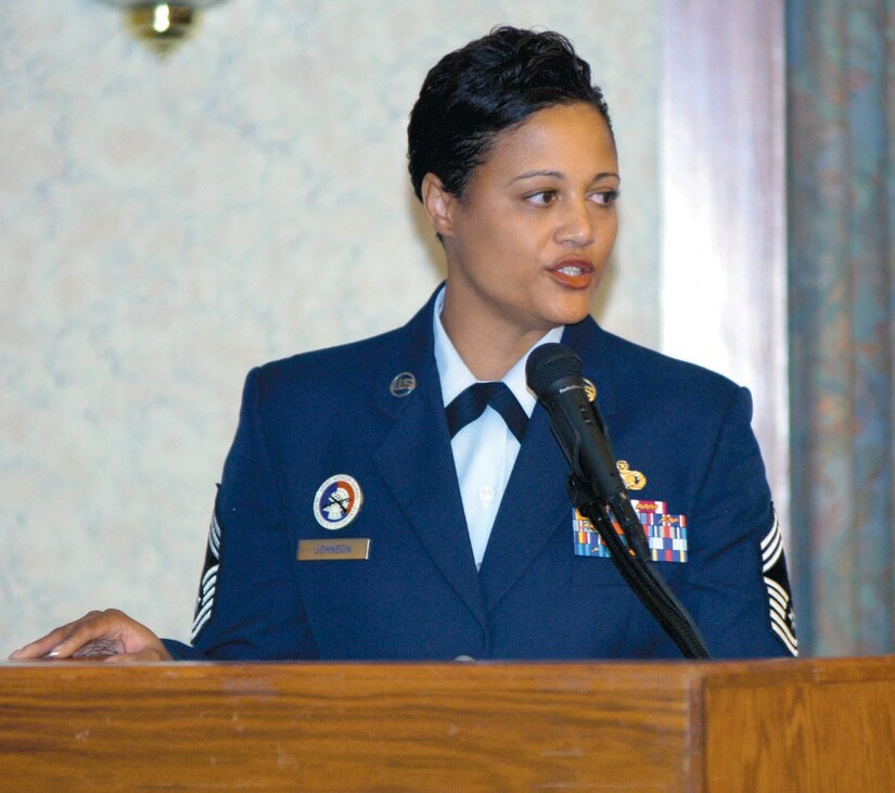Chief Master Sgt. Robin Johnson, Air Force Honor Guard chief enlisted manager, was the guest speaker at the Honor Guard Award Ceremony at The Andrews Club on Oct. 30. (US Air Force/A1C Renae Kleckner)