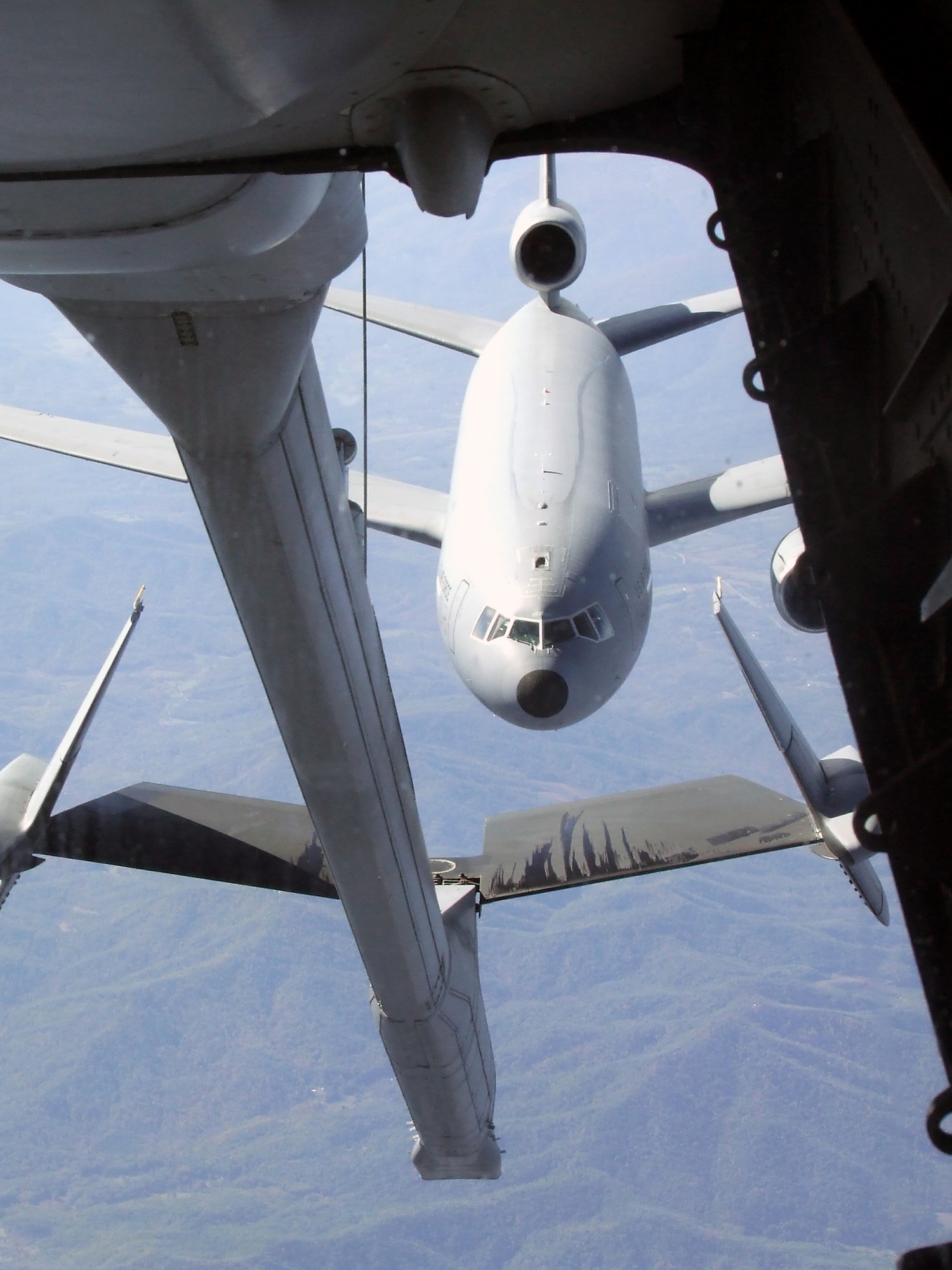 A KC-10 Extender from McGuire Air Force Base, N.J., prepares to be refueled by another KC-10 from McGuire during a mission somewhere over the Eastern United States Oct. 28.  (U.S. Air Force Photo/Tech. Sgt. Scott T. Sturkol)