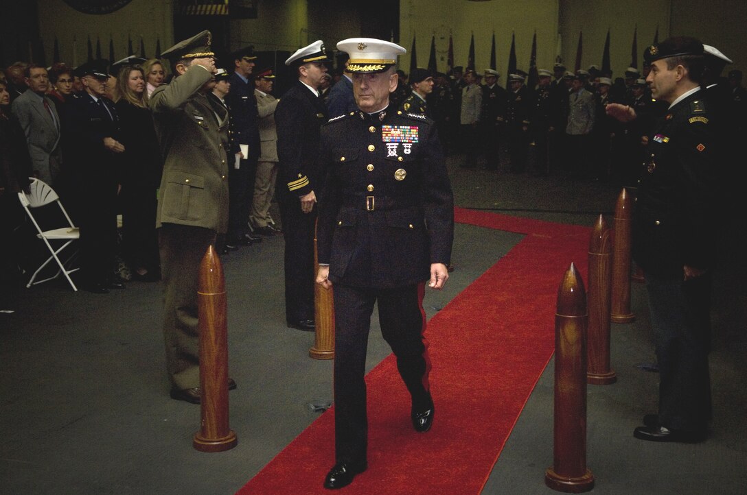 U.S. Marine Corps Gen. James. N. Mattis arrives at the Joint Forces/Transformation Command, change of command, Nov. 9, 2007. Mattis replaced U.S. Air Force Gen. Lance Smith at the ceremony held onboard the nuclear-powered aircraft carrier USS George Washington.