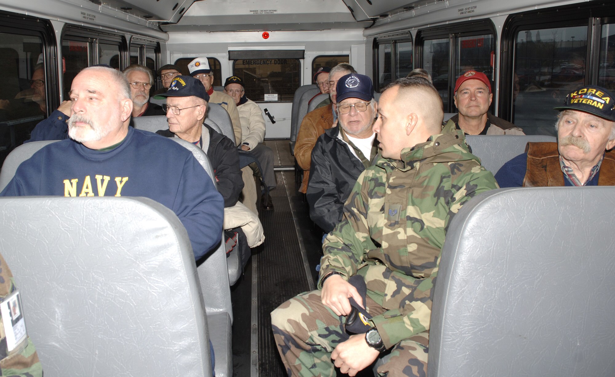 FAIRCHILD AIR FORCE BASE, Wash. – A group of veterans travel on a bus to the flight line to board a KC-135 Stratotanker to take part in an orientation flight Nov. 8 in conjunction with Veteran’s Day. The veteran’s were on board during an air refueling training mission. (U.S. Air Force photo / Airman 1st Class Darlene West)