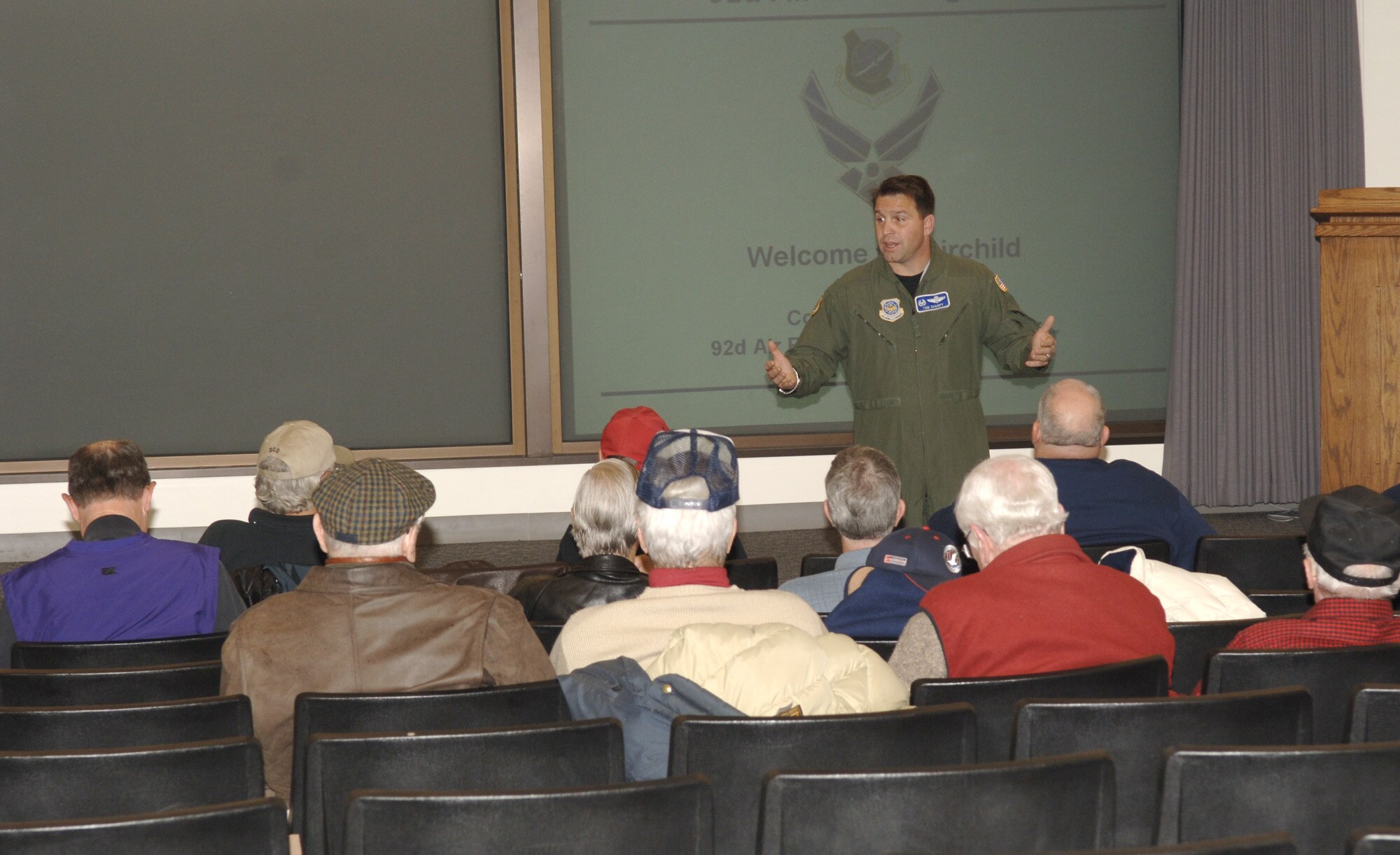 FAIRCHILD AIR FORCE BASE, Wash. – Col. Thomas Sharpy, 92nd Air Refueling Wing commander, speaks to a group of 14 veterans welcoming them to an orientation flight Nov. 8 in conjunction with Veteran’s Day. (U.S. Air Force photo / Airman 1st Class Darlene West)
