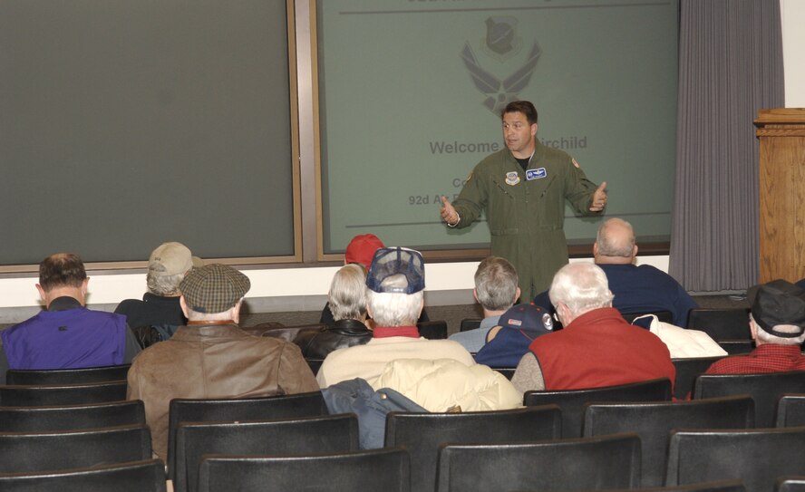 FAIRCHILD AIR FORCE BASE, Wash. – Col. Thomas Sharpy, 92nd Air Refueling Wing commander, speaks to a group of 14 veterans welcoming them to an orientation flight Nov. 8 in conjunction with Veteran’s Day. (U.S. Air Force photo / Airman 1st Class Darlene West)
