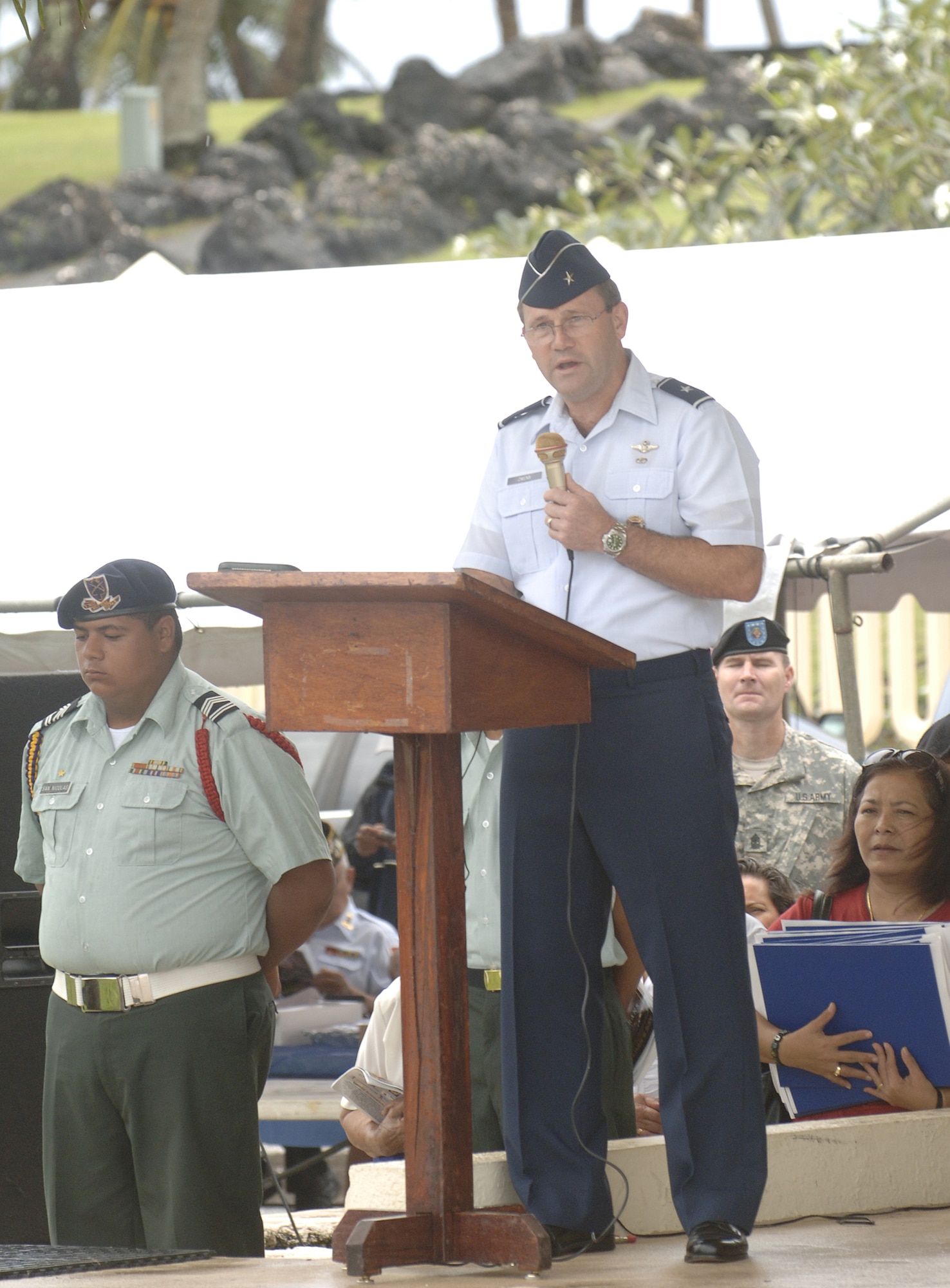 Brig. Gen. Doug Owens, 36th Wing commander, speaks to veterans, servicemembers and their families attending the Veteran's Day Ceremony at the Ricardo J. Bordallo Governor's Complex Nov. 11.  
