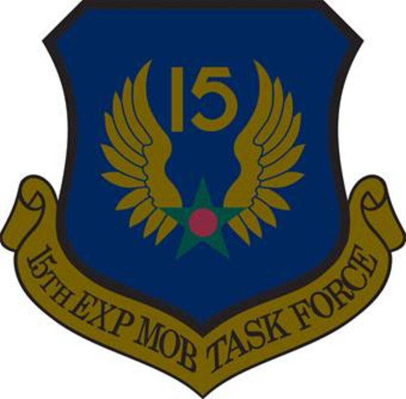 15th Expeditionary Mobile Task Force Shield (Camouflage). Image provided by the Air Force Historical Research Agency. In accordance with Chapter 3 of AFI 84-105, commercial reproduction of this emblem is NOT permitted without the permission of the proponent organizational/unit commander. The image is 7x7 inches @ 300 ppi. 