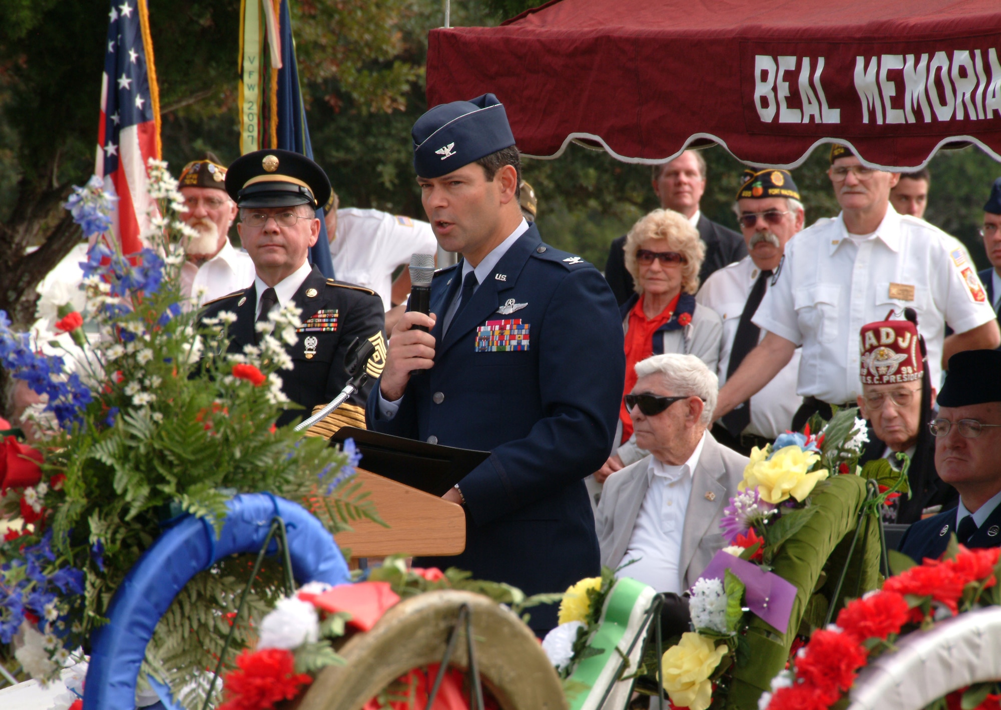 Col. Ken Wilsbach, 53d Wing commander, spoke to nearly 300 people at the Beal Memorial Cemetery Veterans Day ceremony in Fort Walton Beach, Fla. Nov. 12.  The colonel spoke about reflecting on the foresight, courage and sacrifices of past leaders and heroes and to remember the courage and sacrifices of today’s men and women in the military. The ceremony was concluded with a 21-gun salute and playing of taps by the Eglin Honor Guard and an F-16 missing man formation fly-over of the 85th Test and Evaluation Squadron. (U.S. Air Force photo/ Tech. Sgt. Andrew Leonhard)