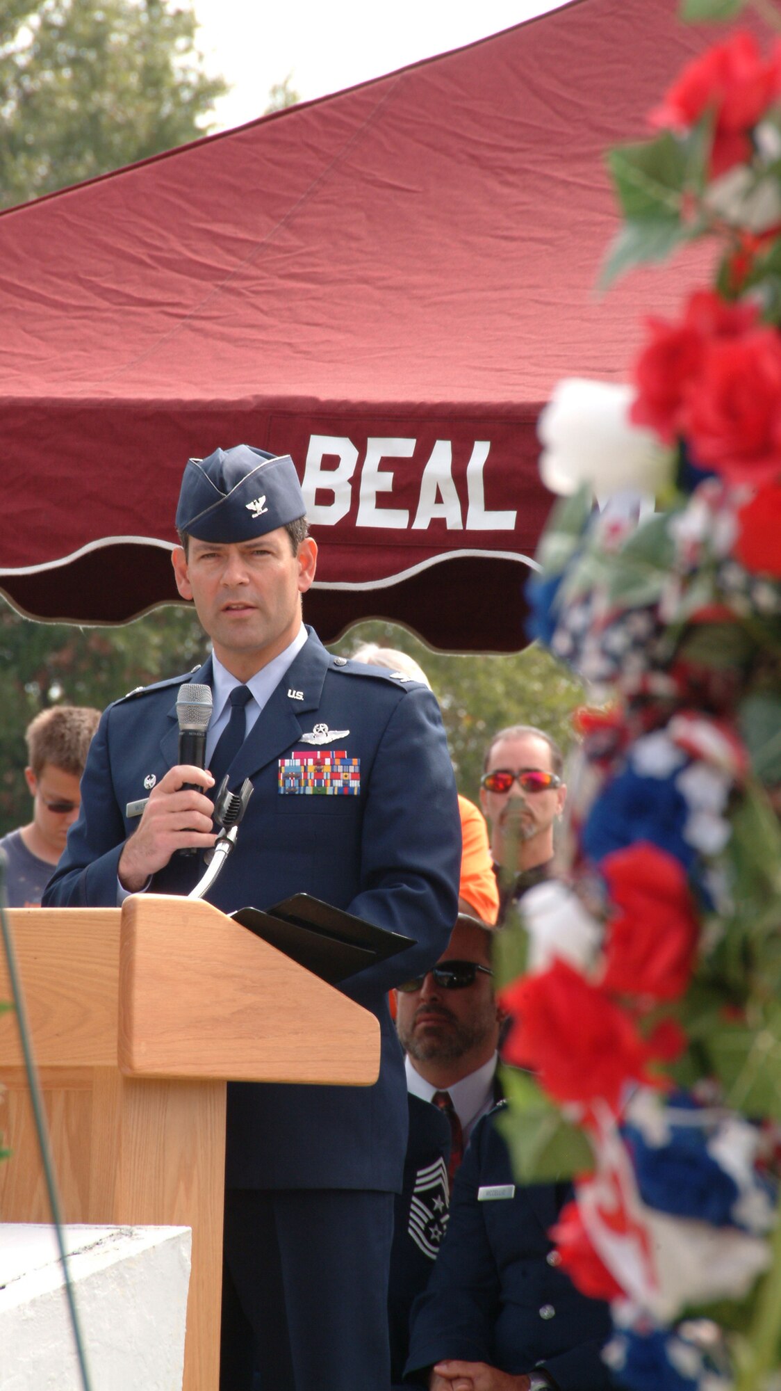Col. Ken Wilsbach, 53d Wing commander, spoke to nearly 300 people at the Beal Memorial Cemetery Veterans Day ceremony in Fort Walton Beach, Fla. Nov. 12.  The colonel spoke about reflecting on the foresight, courage and sacrifices of past leaders and heroes and to remember the courage and sacrifices of today’s men and women in the military. The ceremony was concluded with a 21-gun salute and playing of taps by the Eglin Honor Guard and an F-16 missing man formation fly-over of the 85th Test and Evaluation Squadron. (U.S. Air Force photo/ Tech. Sgt. Andrew Leonhard)