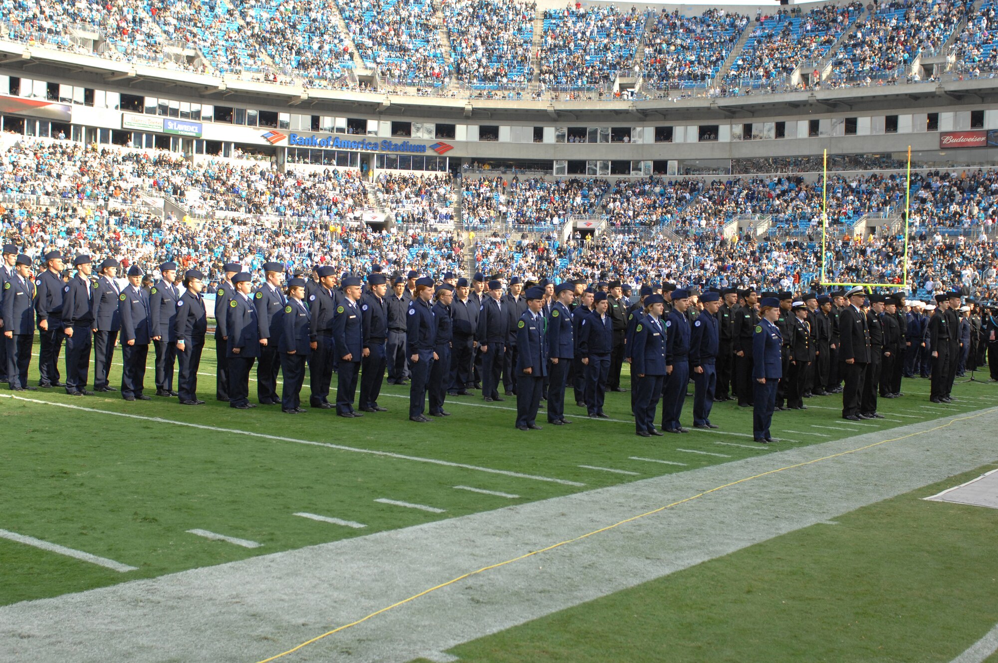 CHARLOTTE, N.C. -- More than 700 Junior ROTC cadets from local high schools participate in the half time show of the Carolina Panthers/Atlanta Falcons game Nov. 11. The half time was a salute to Congressional Medal of Honor awardees in honor of Veterans Day. (U.S. Air Force photo/Staff Sgt. Henry Hoegen)