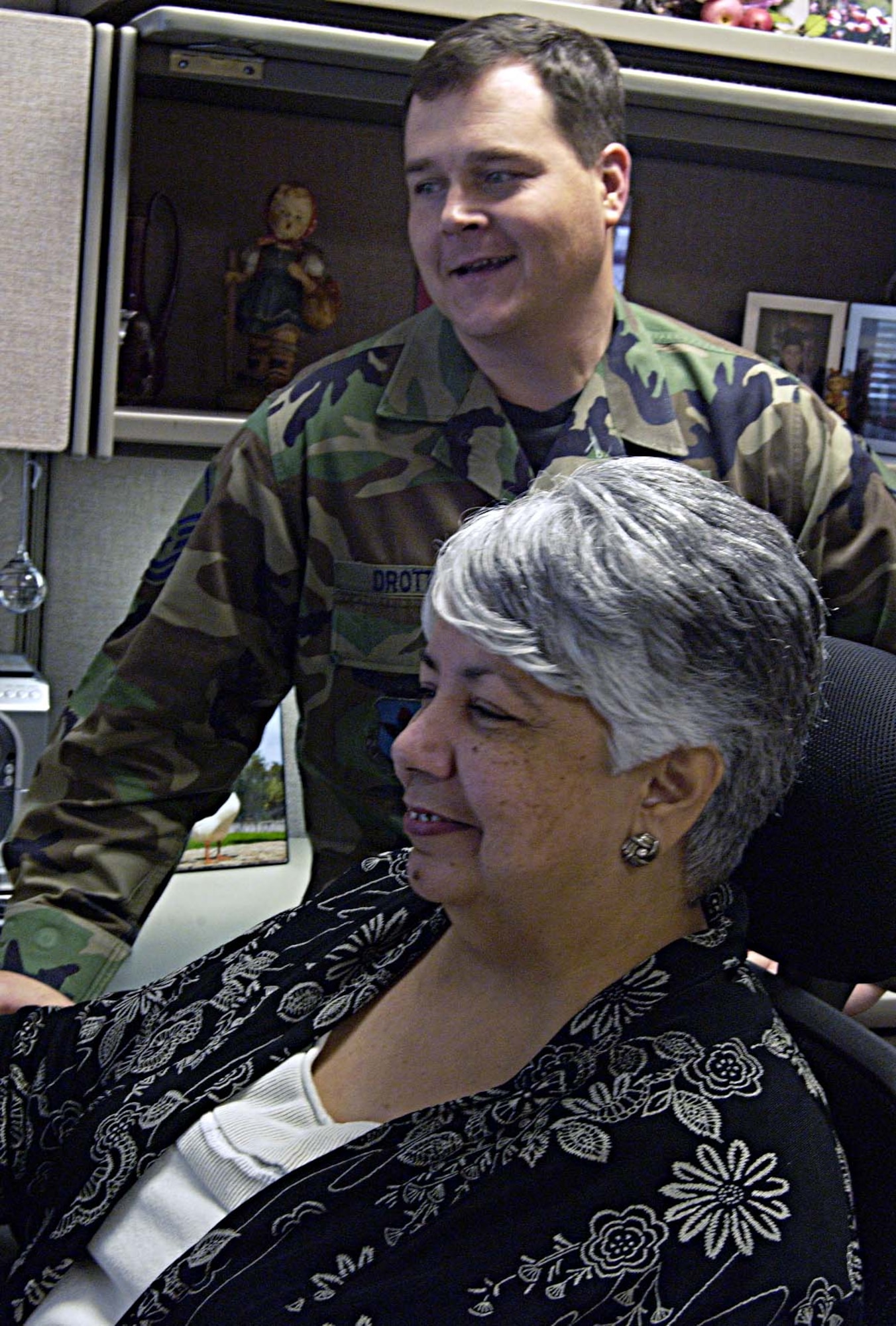LAUGHLIN AIR FORCE BASE, Texas -- Master Sgt. David Drotts and Rosemary Capozziello work together at Laughlin Military Personnel Flight Nov. 13. Sergeant Drotts and Mrs. Capozziello both took Air Education and Training Command top honors during the recently announced winners of the 2007 Mission Support
Program Awards.The 47th FSS garnered two first-places for running the most outstanding mission support squadron and most outstanding military personnel flight programs. (U.S. Air Force photo by Airman Sara Csurilla)