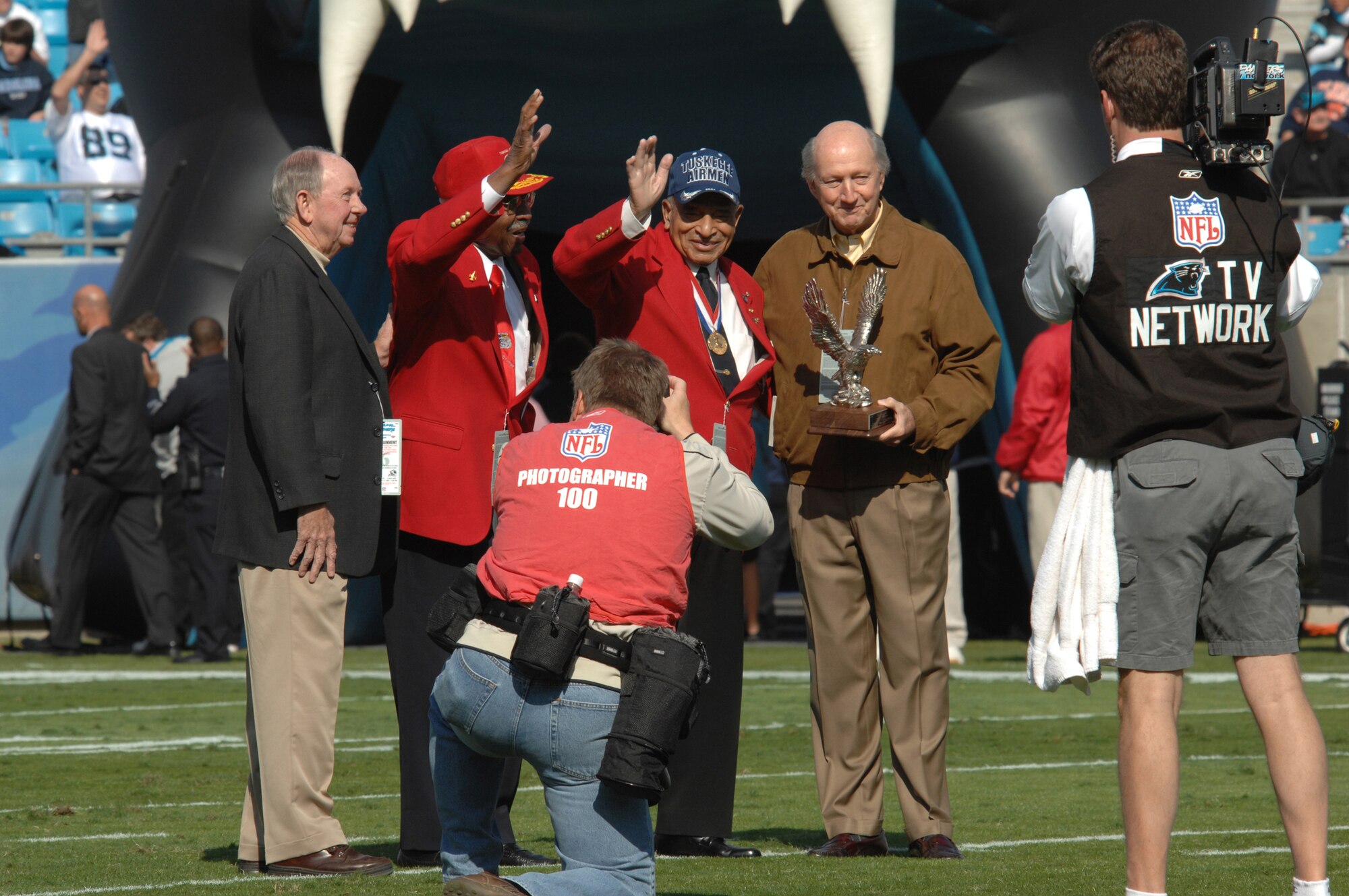 CHARLOTTE, N.C. -- The Carolina Panthers recognize Tuskegee Airmen Spann Watson and Sumter native, Leroy Bowman, during the Veterans Day pre-game festivities Nov. 11. (U.S. Air Force photo/Staff Sgt. Henry Hoegen)