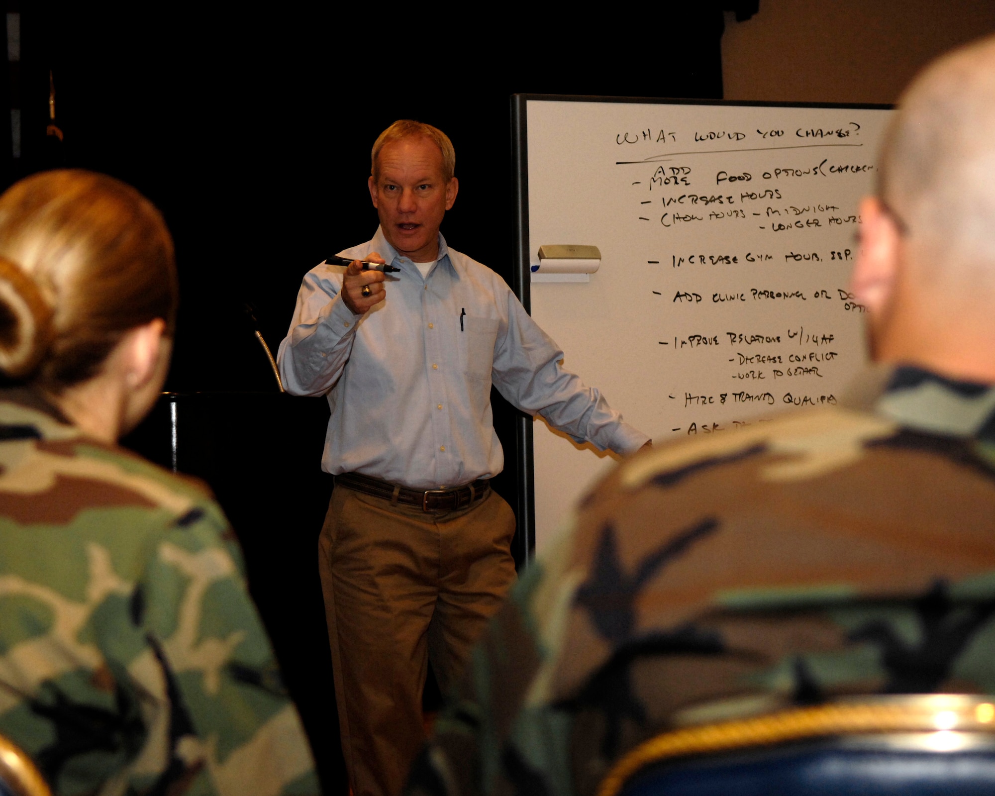 VANDENBERG AIR FORCE BASE, Calif. --Dr. Jeffrey Zink, a motivational speaker, holds a discussion with Airmen on November 6, at Vandenberg Air Force Base, CA.  Dr. Zink is talking with Airmen about what changes they would like to see on Vandenberg AFB. (U.S. Air Force photo/Airman 1st Class Jonathan Olds) 