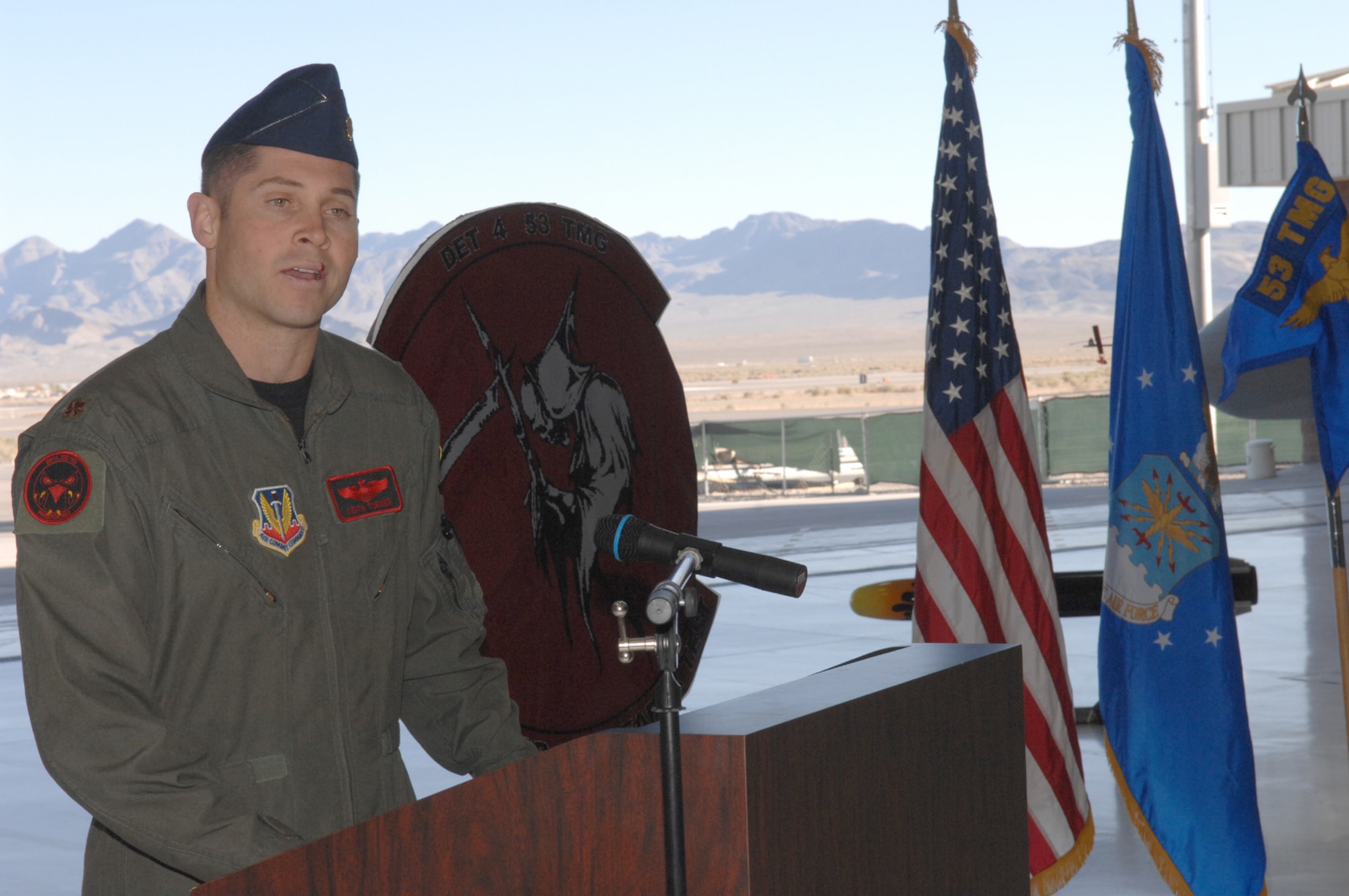 Incoming Commander, Major Keith R. Turner, speaks during the Detachment 4, 53rd Test Management Group Activation Ceremony November 1, 2007 Creech AFB, Nev.(U.S. Air Force Photo by Senior Airman Larry E. Reid Jr.)