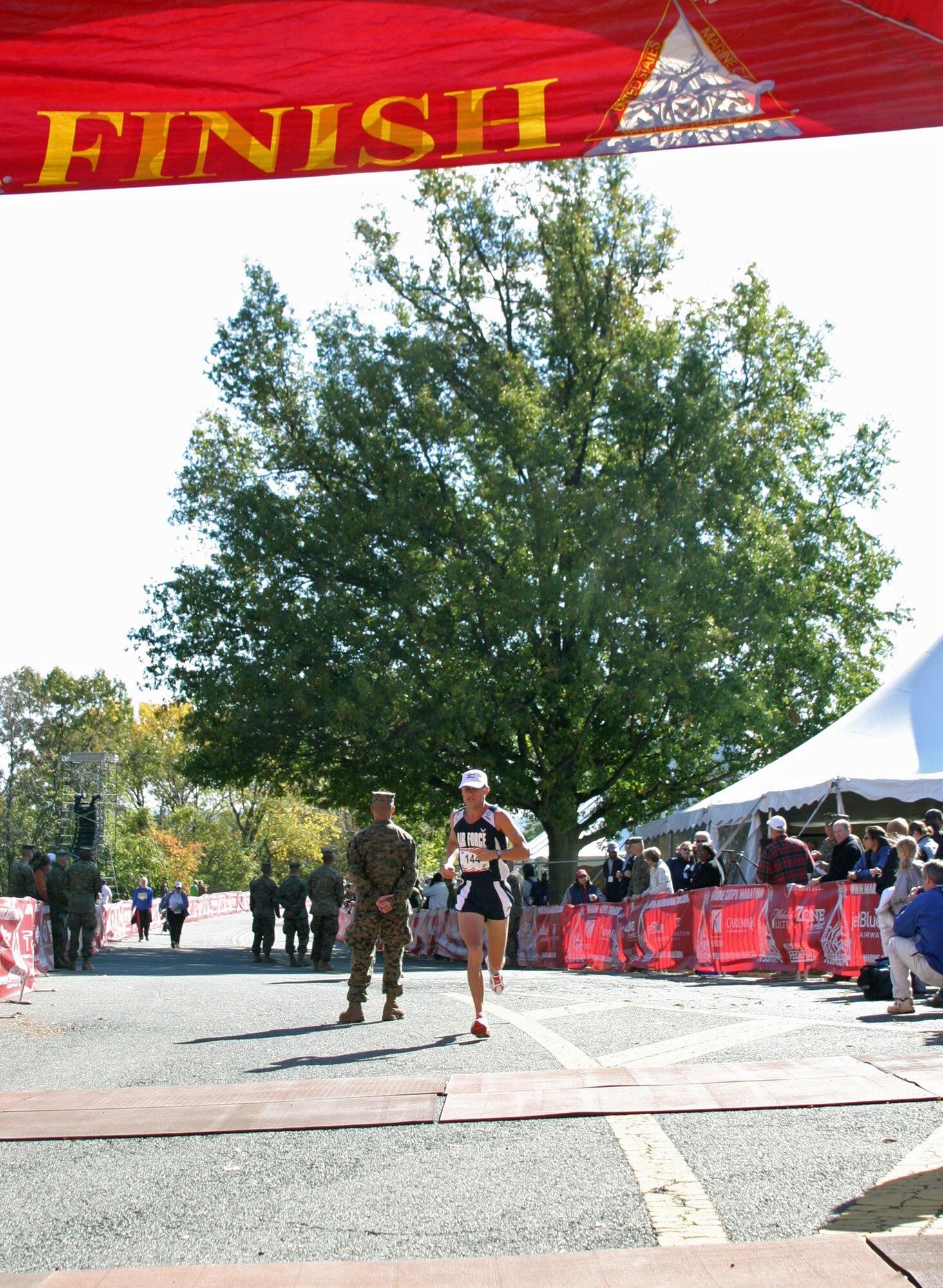 Capt. Jason Schlarb, Space Logistics Group, completed the Marine Corps Marathon Oct. 28 in Washington D.C. He finished the 26.2 mile course in 2 hours, 37 minutes, coming in third among Air Force entrants and 31st overall out of 21,000 finishers. (Courtesy photo)