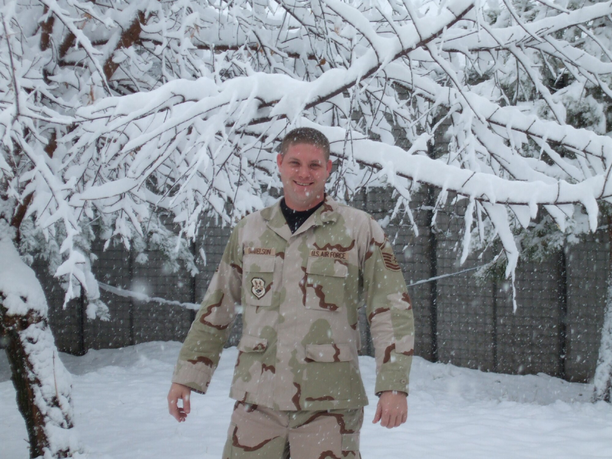 SEYMOUR JOHNSON AIR FORCE BASE, N.C. -- Master Sgt. Dirk Danielson sends a picture from Manas Air Base, Kyrgyzstan. He writes that just the day before it was 70 degrees and sunny, but the next day brought seven inches of snow. Sgt. Danielson is reservist with the 916th Logistics Readiness Squadron where he works with vehicle operations. 