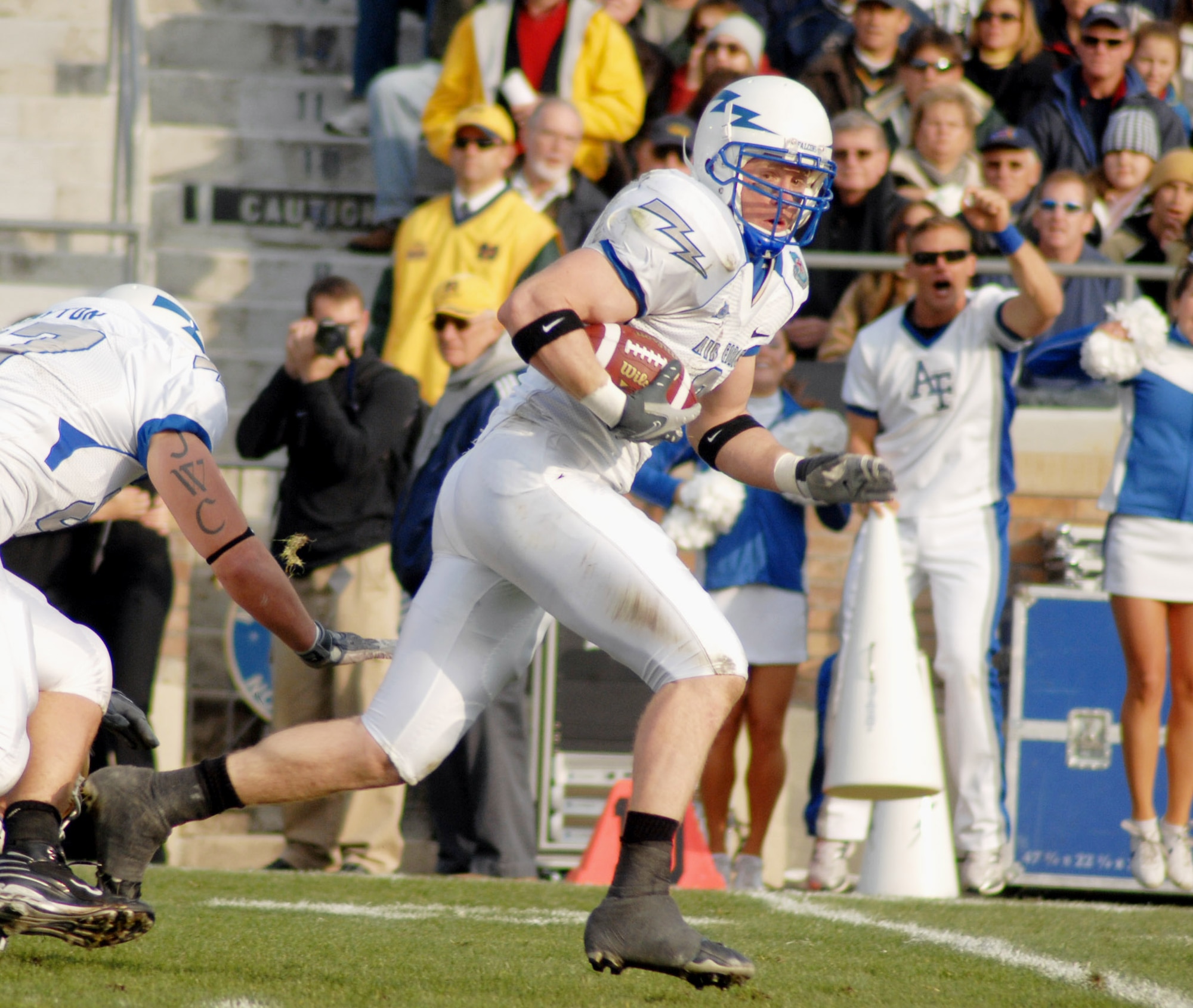 U.S. Air Force Academy Falcons outside linebacker John Rabold runs back a Notre Dame fumble for a touchdown in the the Air Force Academy's 41-24 rout of the Irish Nov. 10 at Notre Dame Stadium in Indiana. (Courtesy photo by Vanessa Gempis) 

