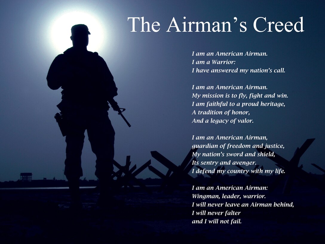 Airman's Creed #3.  Version illustrated by Andy Yacenda of the Air Force News Agency. Image is 7.5x10 inches @ 150 ppi and is available up to 18x24 inches @ 300 ppi.  This version is also avilable as an EPS file and can be obtained in PDF format for local printing.