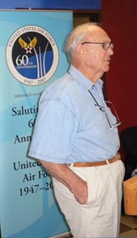Morris Jeppson, a former "Enola Gay" member gives a press conference at the Nellis AFB Air Show Nov. 9. (courtesy photo)